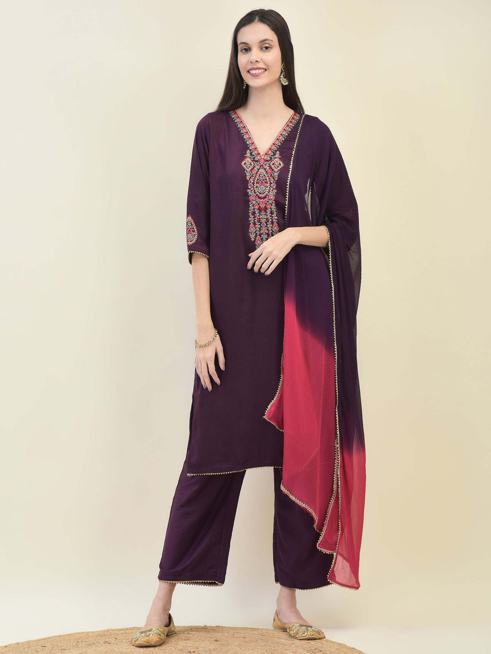 Women Silk Purple Embroidered Kurta Comfort Pant Dupatta