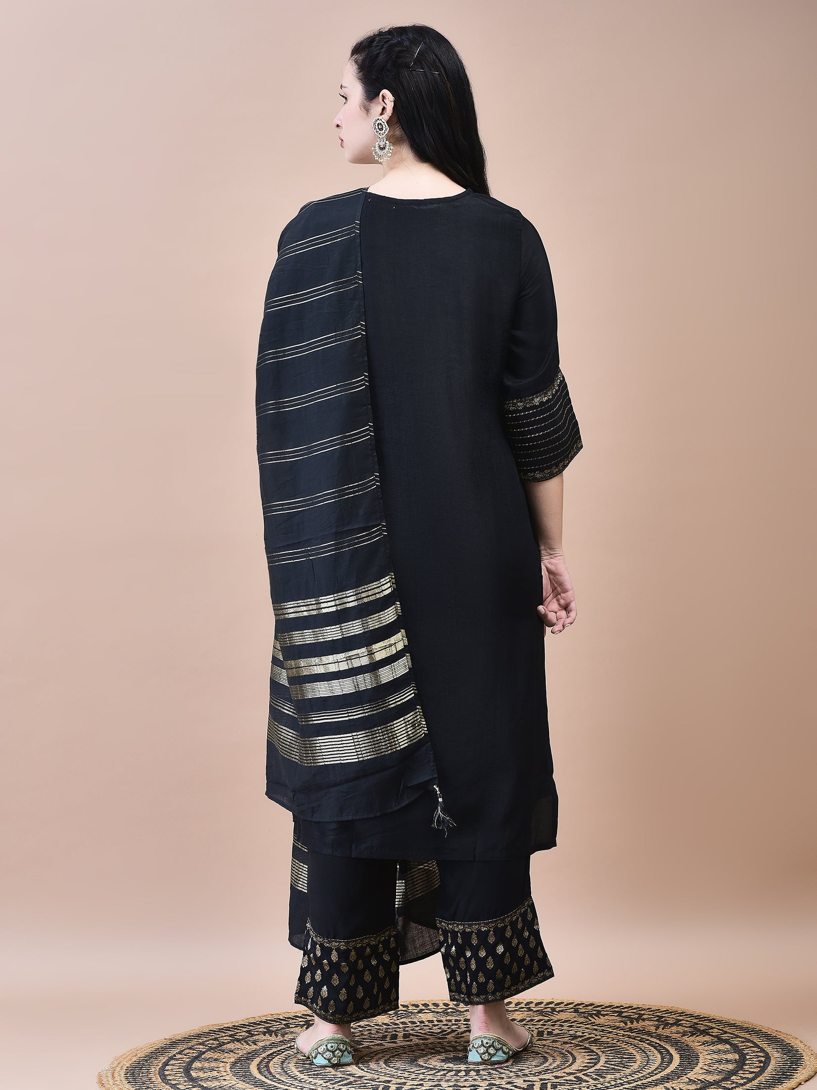 Women Dola Jacquard Black Woven Kurta Comfort Pant Dupatta