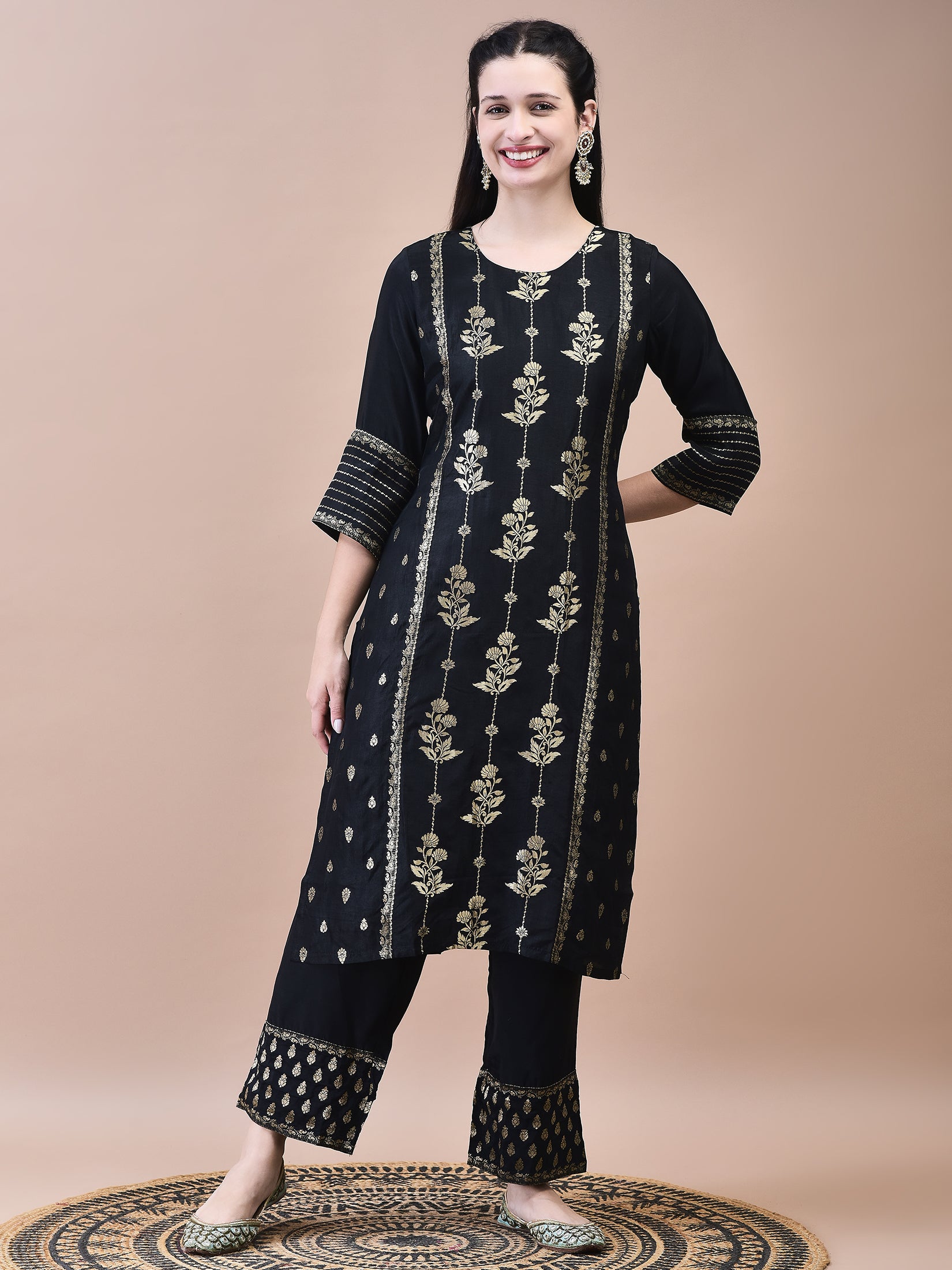 Women Dola Jacquard Black Woven Kurta Comfort Pant Dupatta