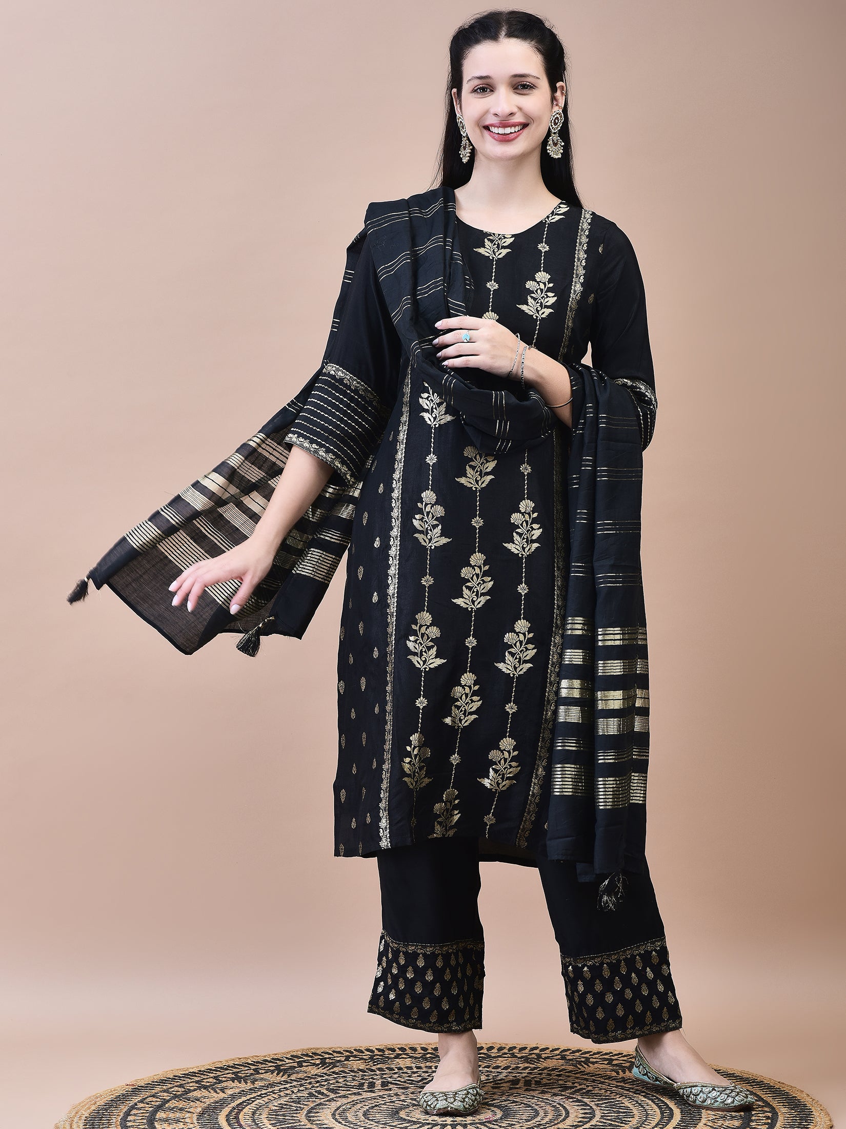 Women Dola Jacquard Black Woven Kurta Comfort Pant Dupatta