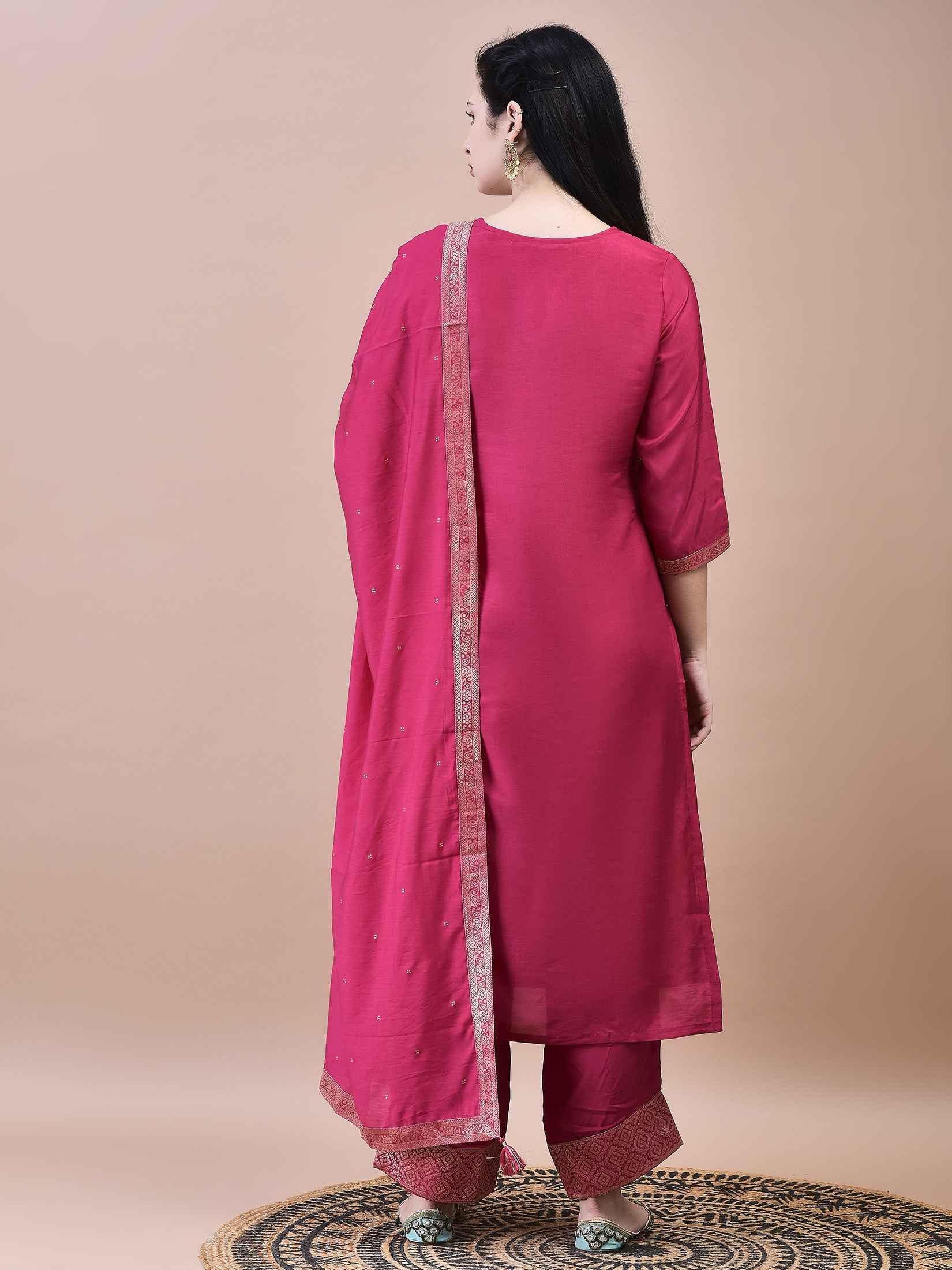 Women Dola Jacquard Fuchsia Woven Kurta Comfort Pant Dupatta