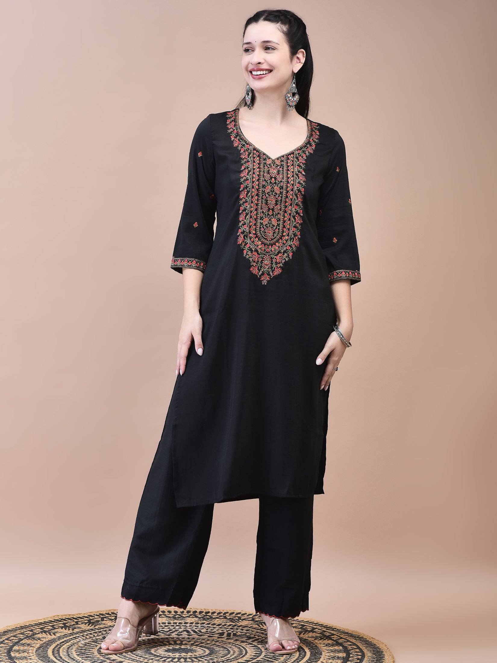 Women Liva Black Embroidered Kurta Comfort Pant Dupatta