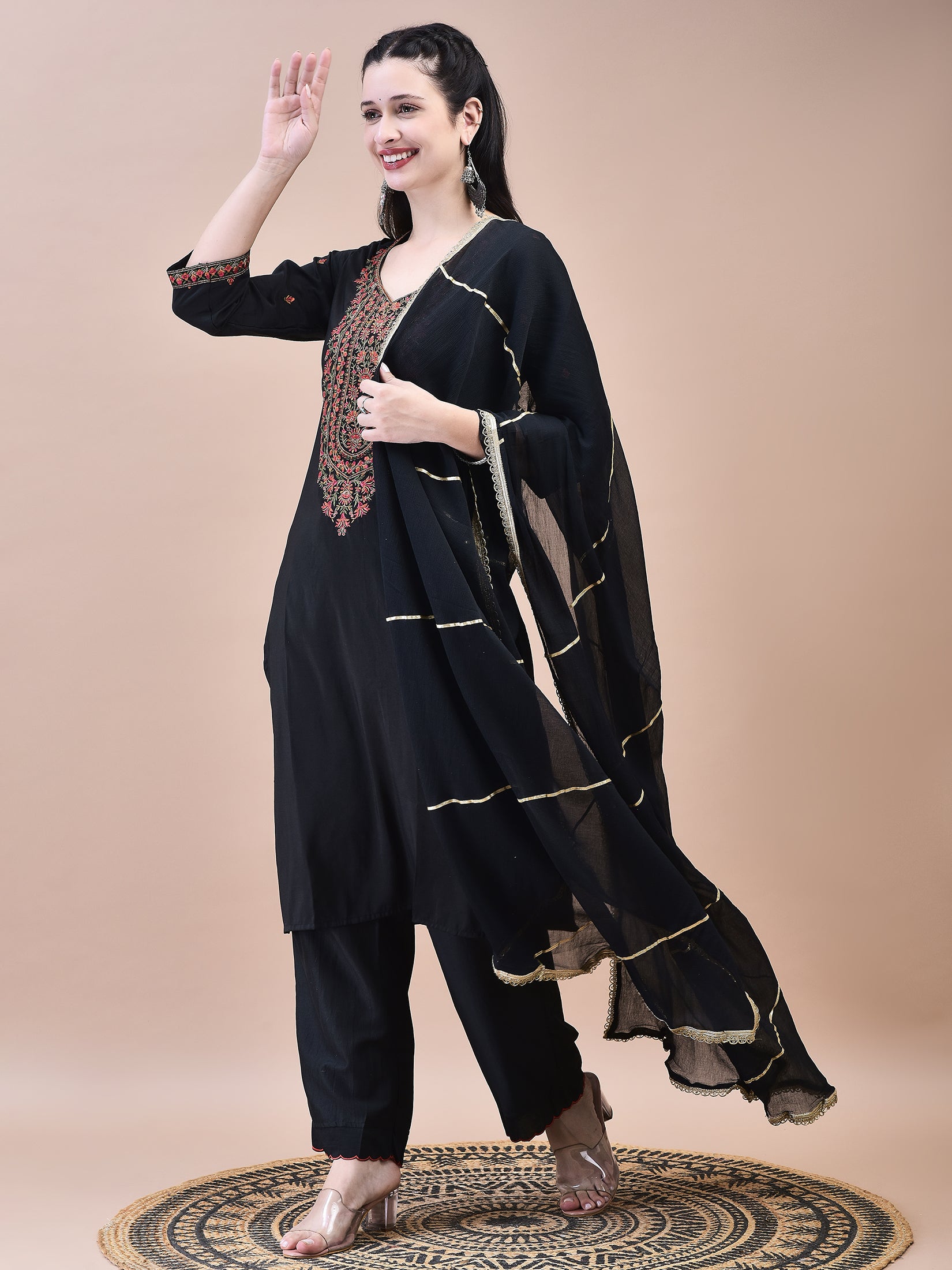 Women Liva Black Embroidered Kurta Comfort Pant Dupatta