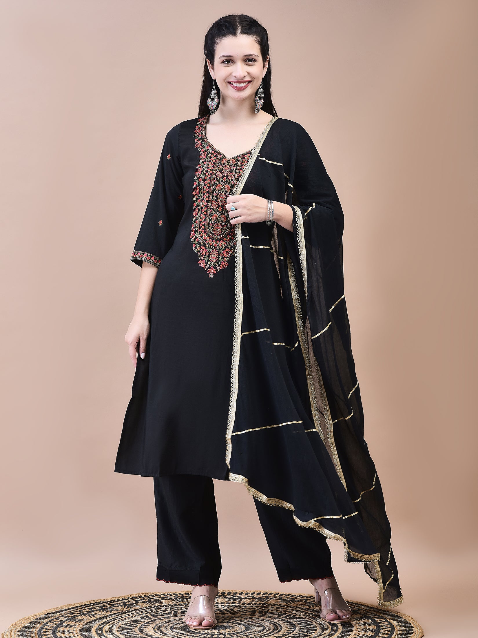 Women Liva Black Embroidered Kurta Comfort Pant Dupatta