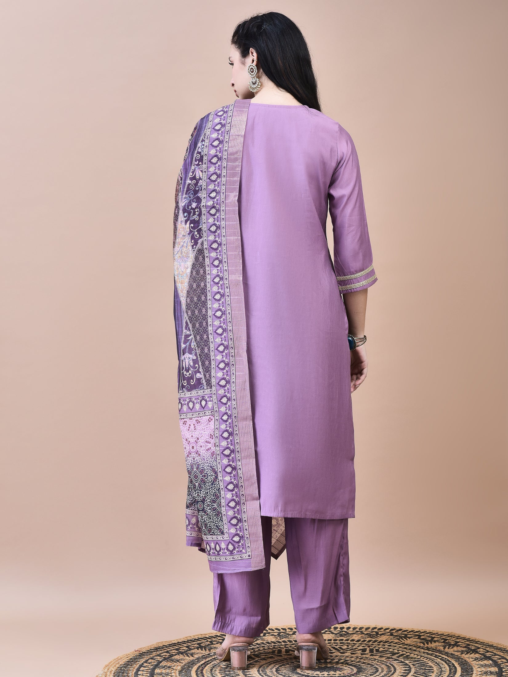 Women Poly Viscose Purple Embroidered Kurta Comfort Pant Chanderi Dupatta