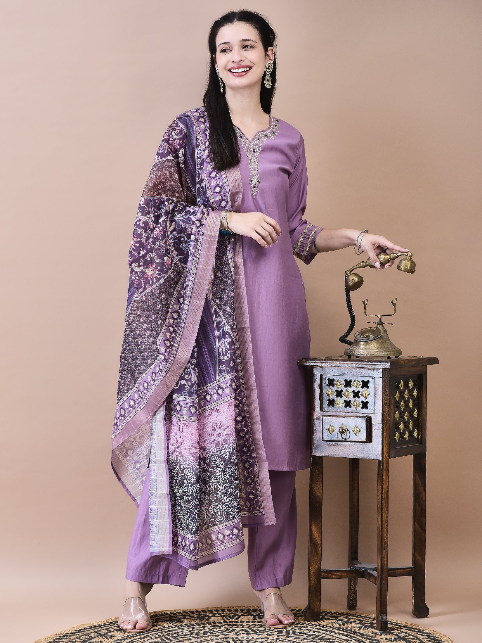 Women Poly Viscose Purple Embroidered Kurta Comfort Pant Chanderi Dupatta