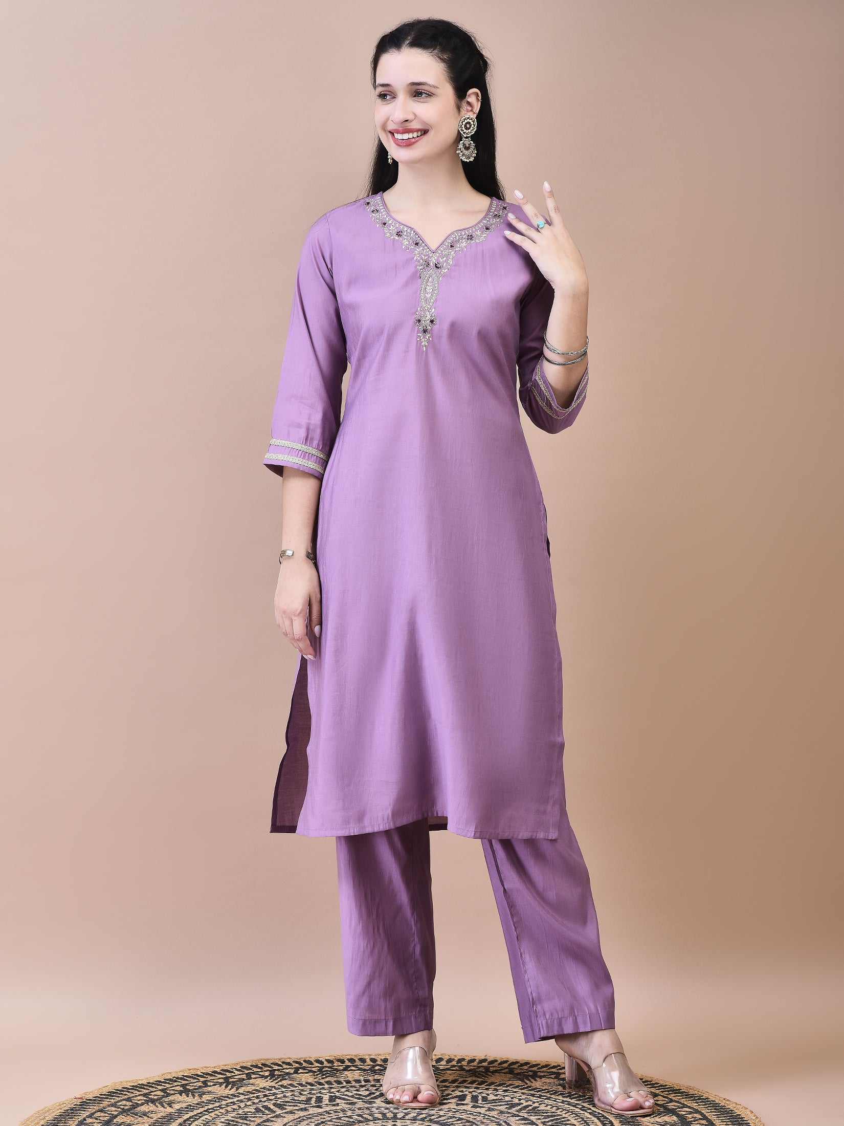 Women Poly Viscose Purple Embroidered Kurta Comfort Pant Chanderi Dupatta