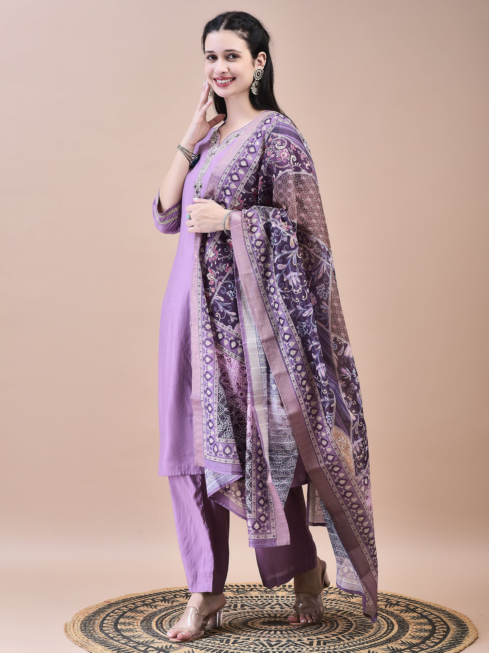 Women Poly Viscose Purple Embroidered Kurta Comfort Pant Chanderi Dupatta