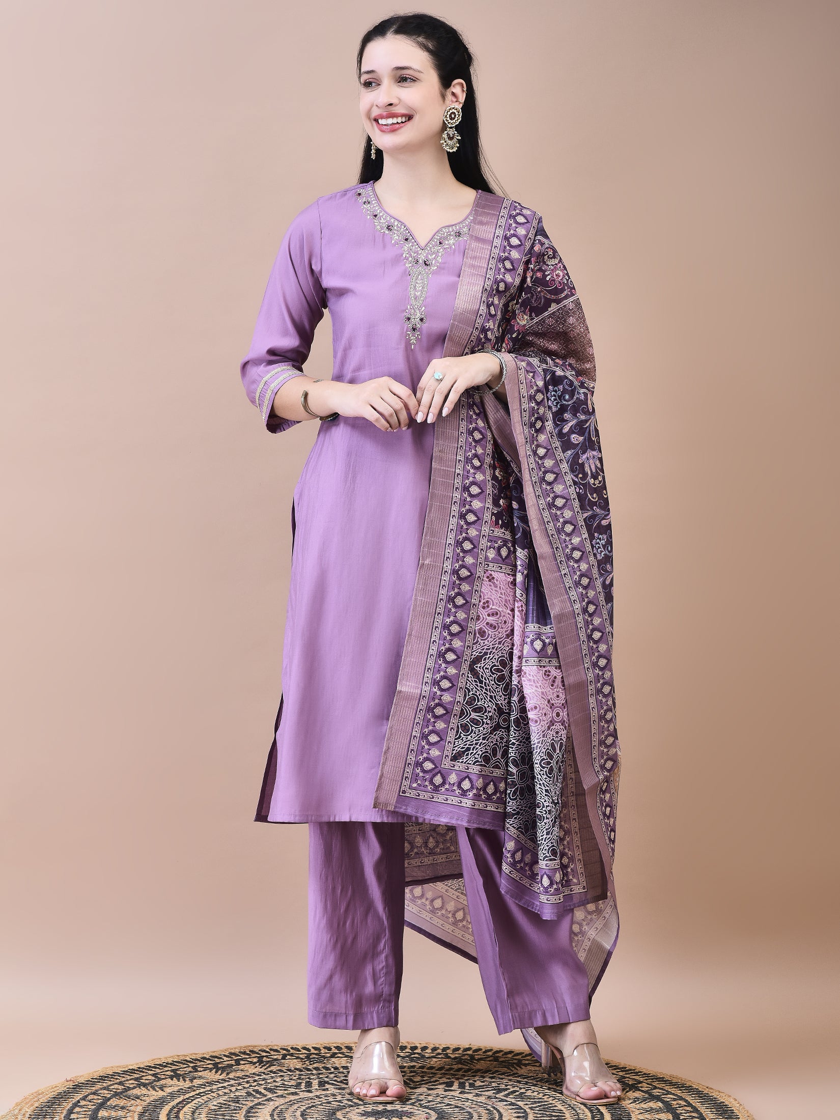 Women Poly Viscose Purple Embroidered Kurta Comfort Pant Chanderi Dupatta