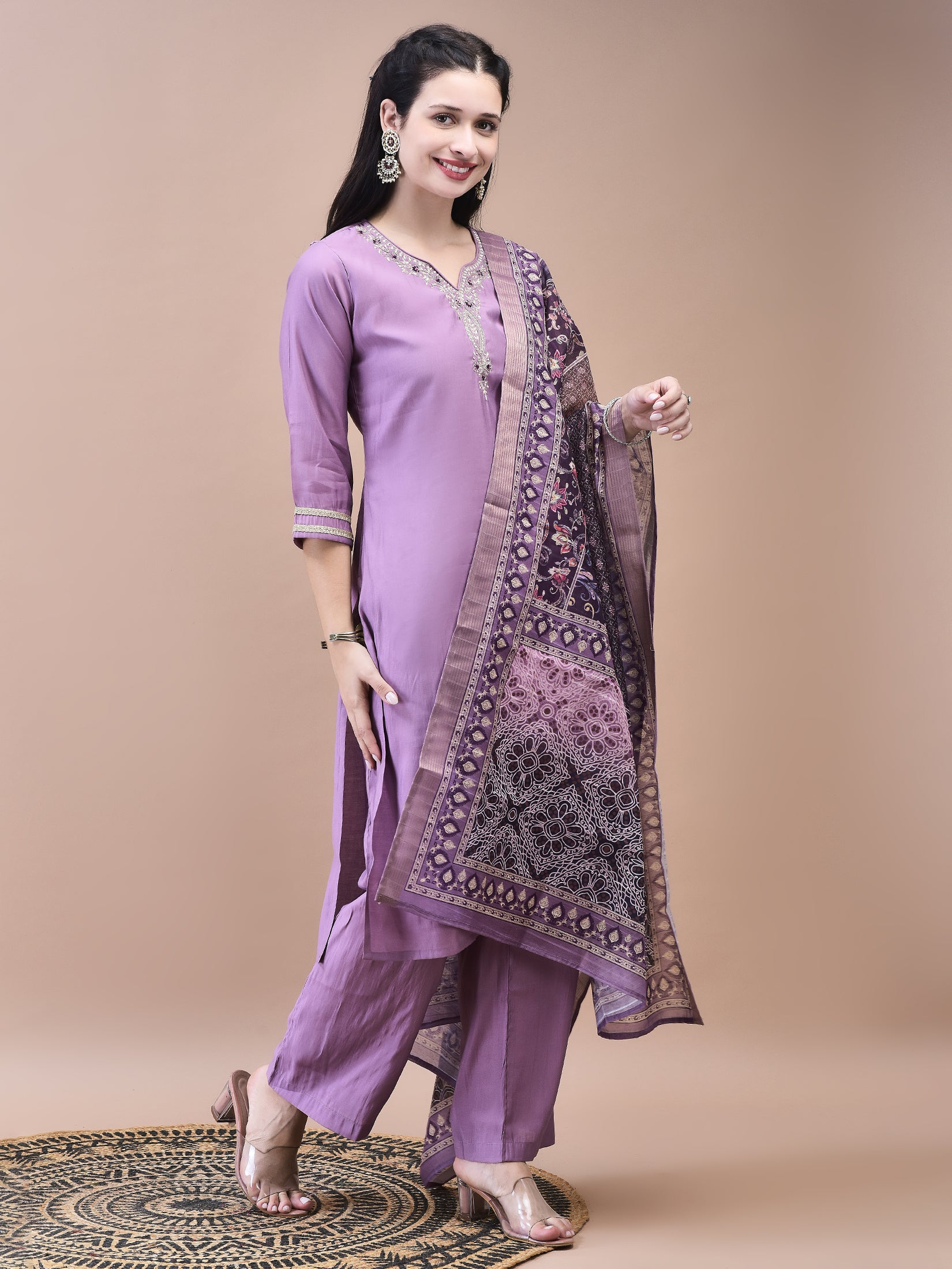 Women Poly Viscose Purple Embroidered Kurta Comfort Pant Chanderi Dupatta