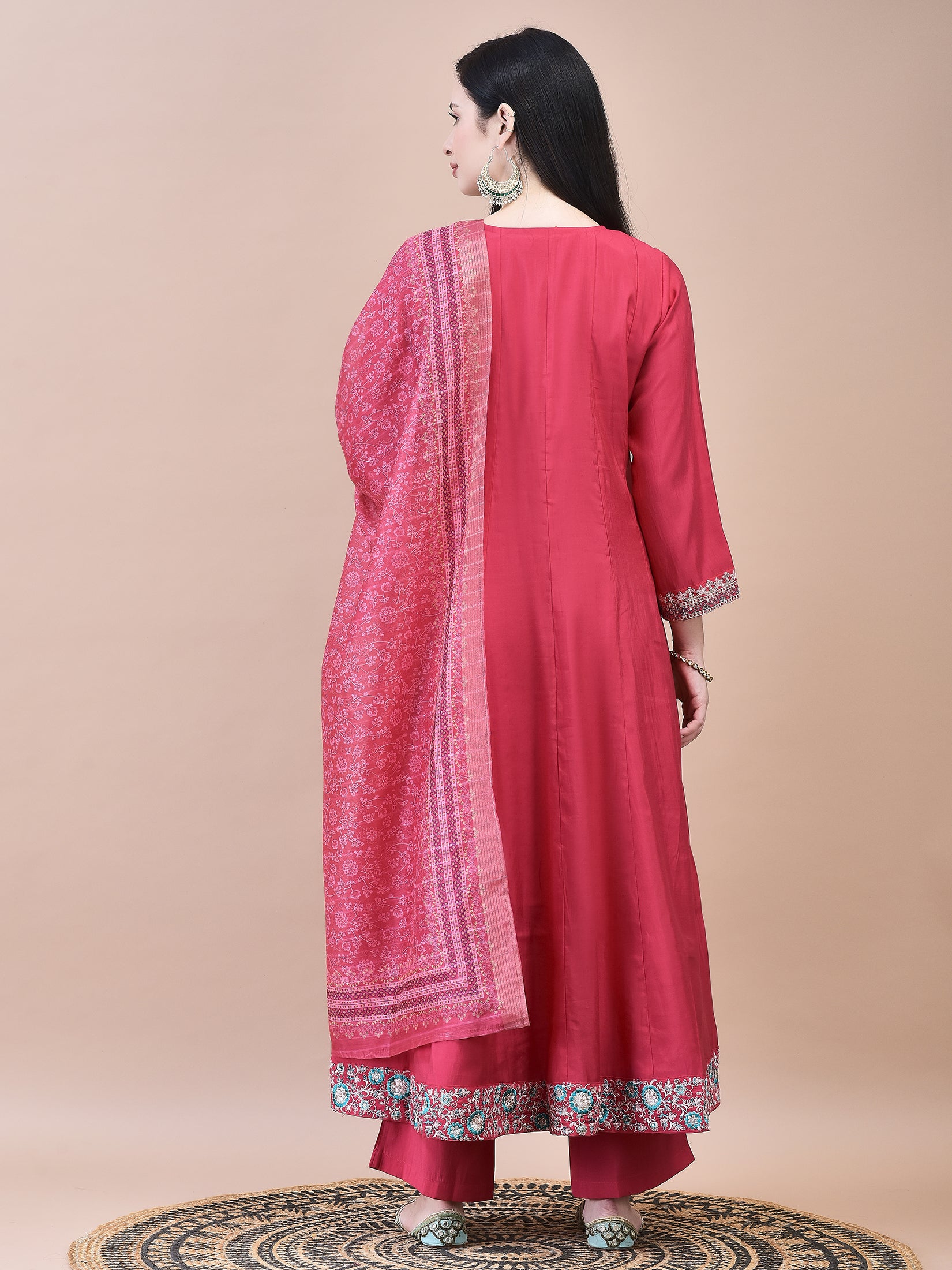 Women Poly Viscose Pink Embroidered Kurta Comfort Pant Chanderi Dupatta