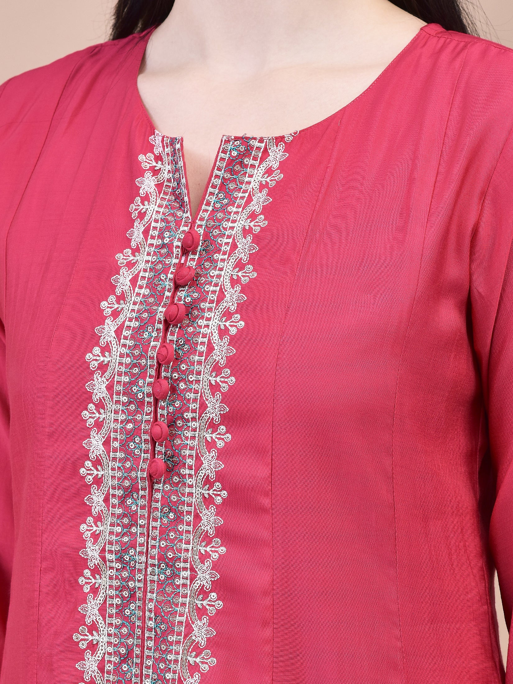 Women Poly Viscose Pink Embroidered Kurta Comfort Pant Chanderi Dupatta