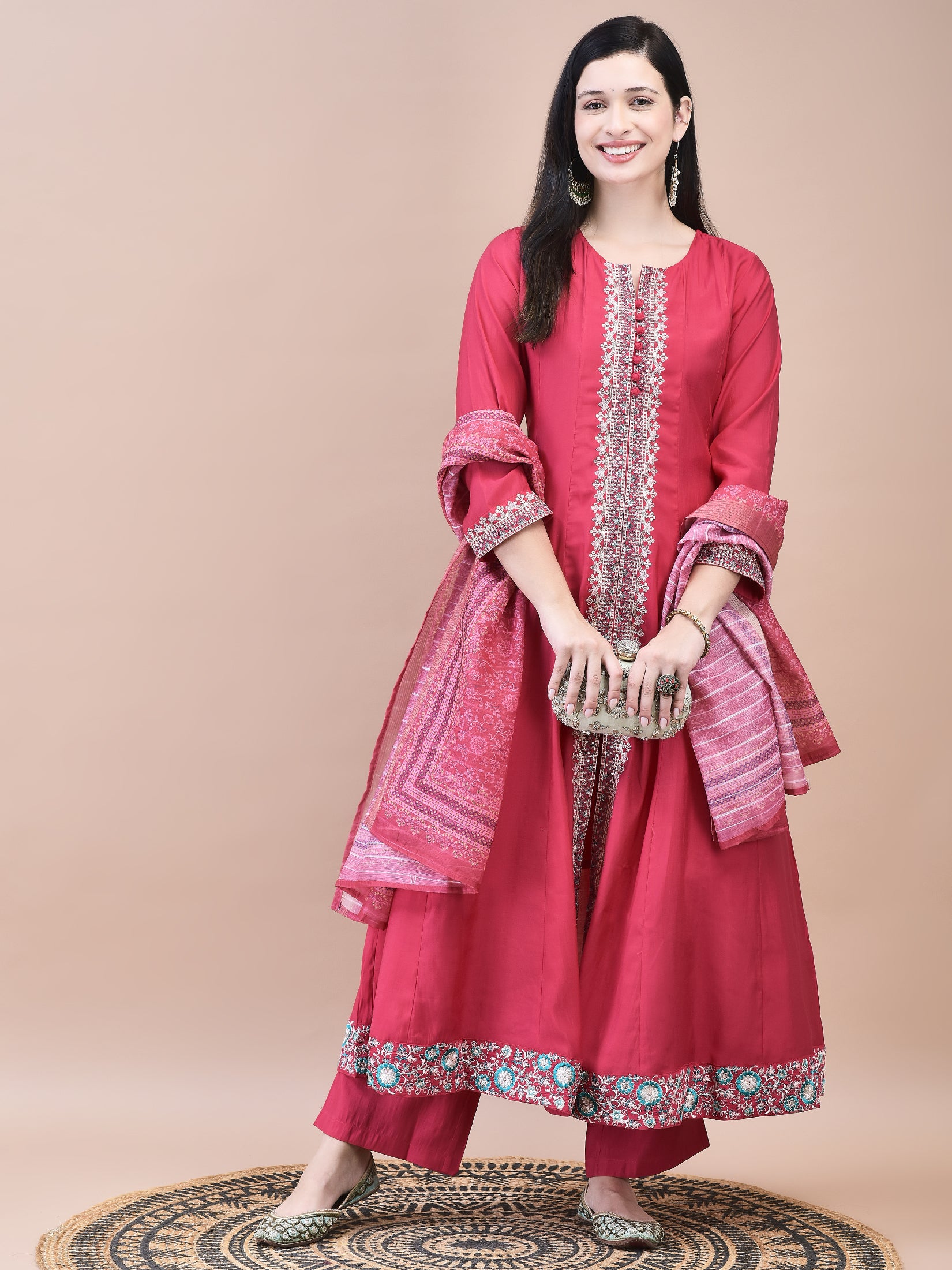 Women Poly Viscose Pink Embroidered Kurta Comfort Pant Chanderi Dupatta