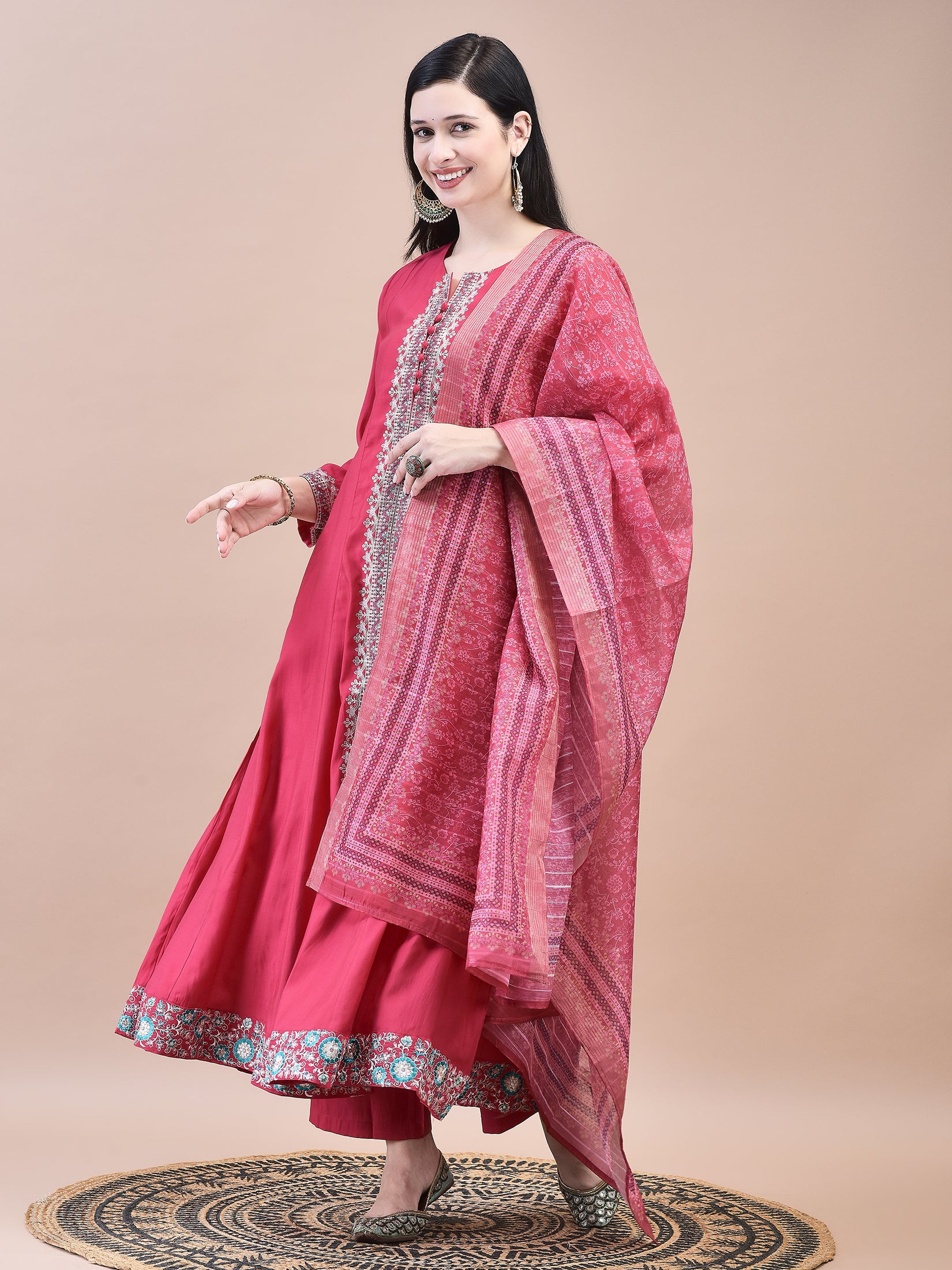 Women Poly Viscose Pink Embroidered Kurta Comfort Pant Chanderi Dupatta