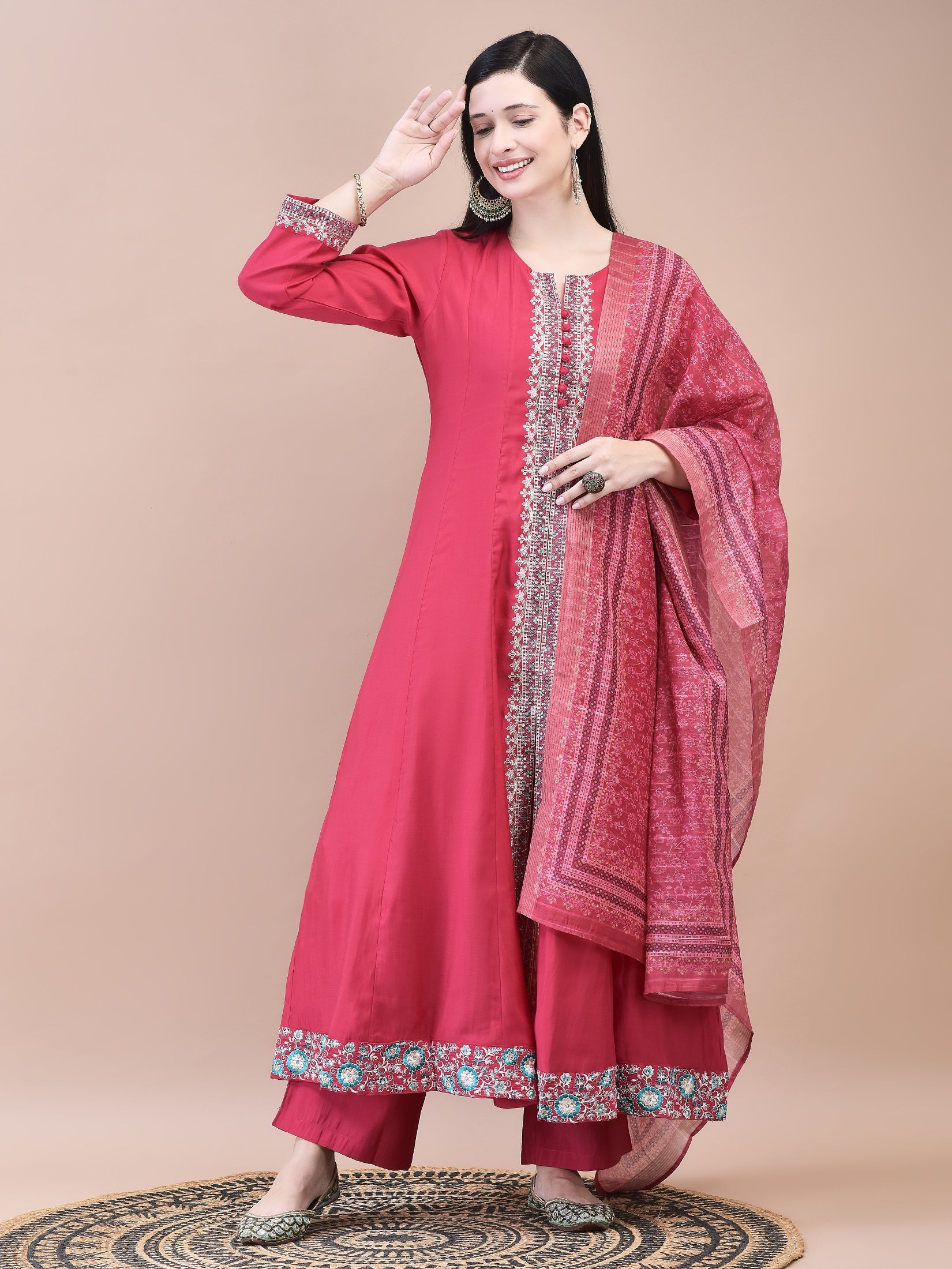 Women Poly Viscose Pink Embroidered Kurta Comfort Pant Chanderi Dupatta