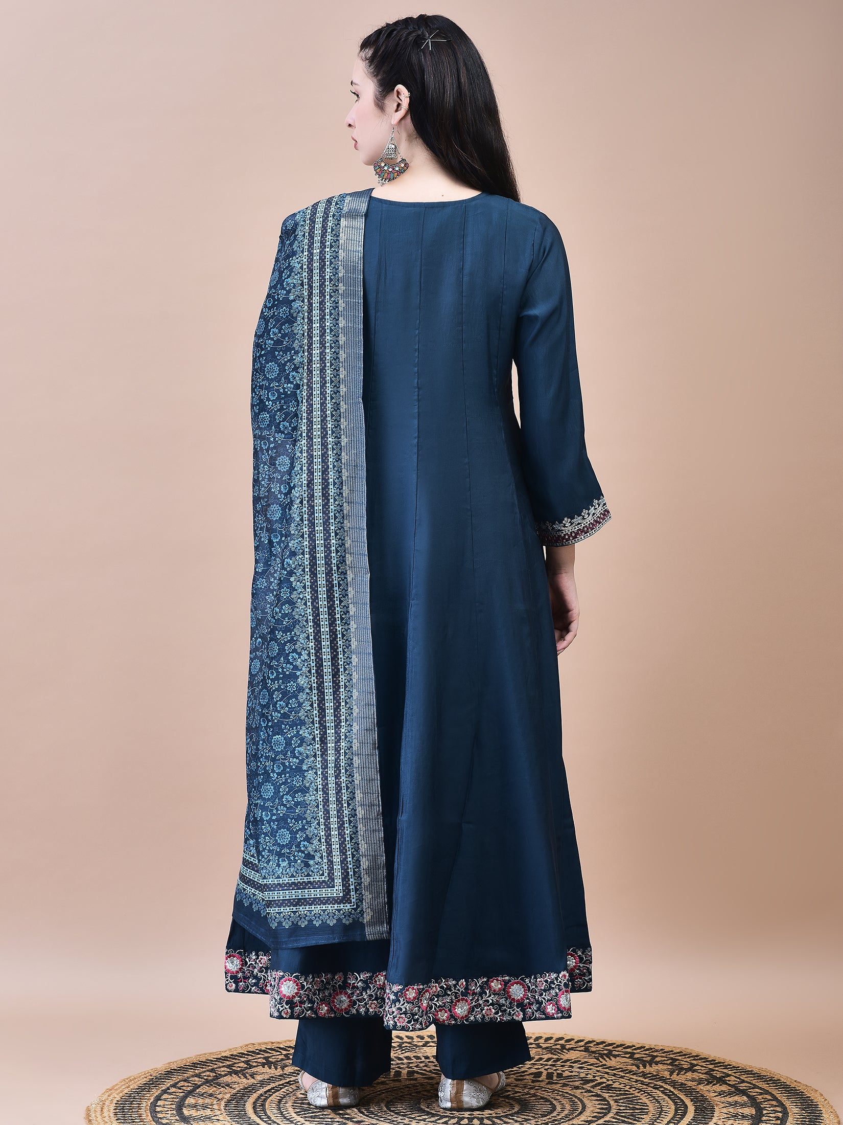 Women Poly Viscose Blue Embroidered Kurta Comfort Pant Chanderi Dupatta