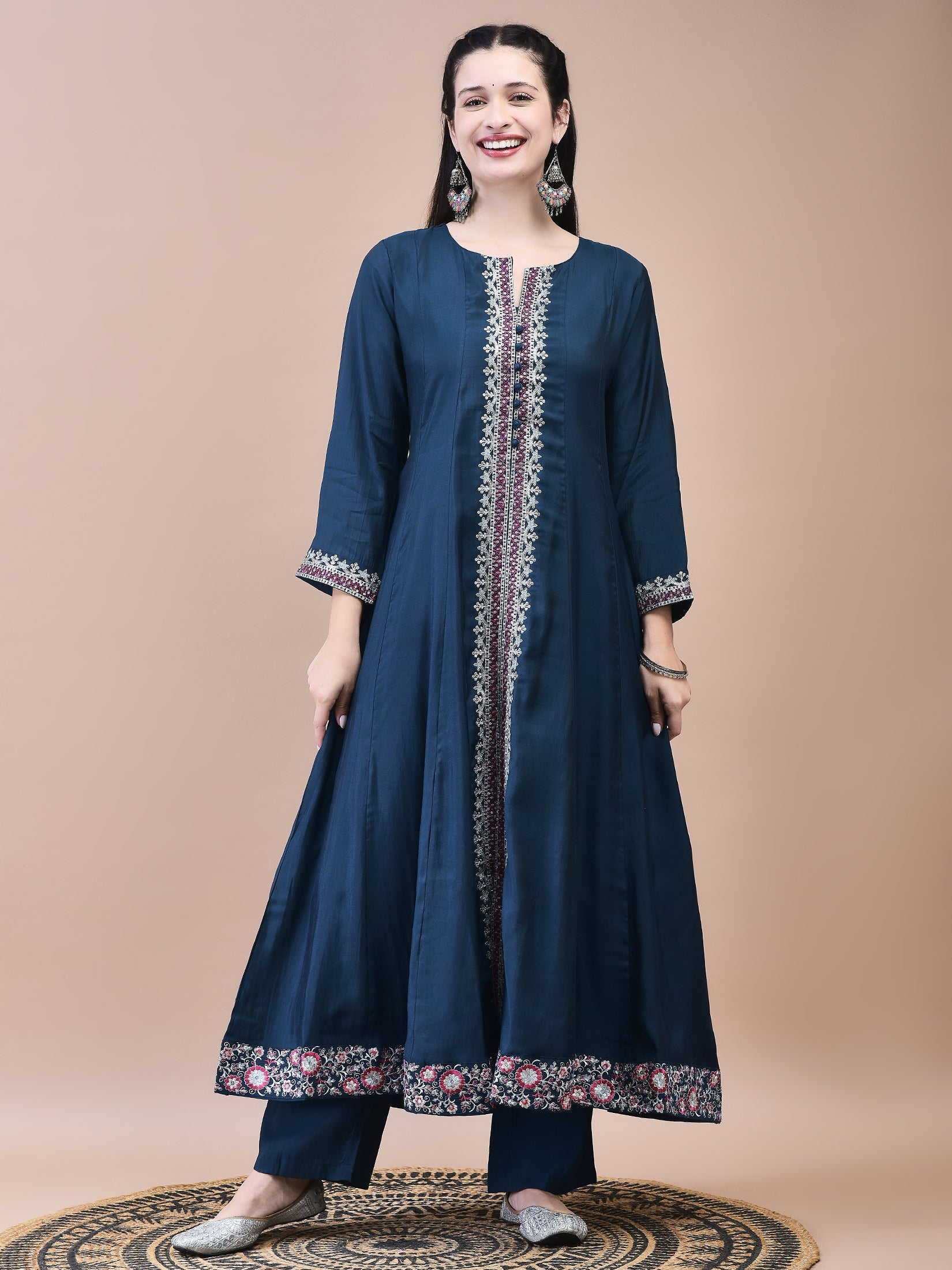 Women Poly Viscose Blue Embroidered Kurta Comfort Pant Chanderi Dupatta