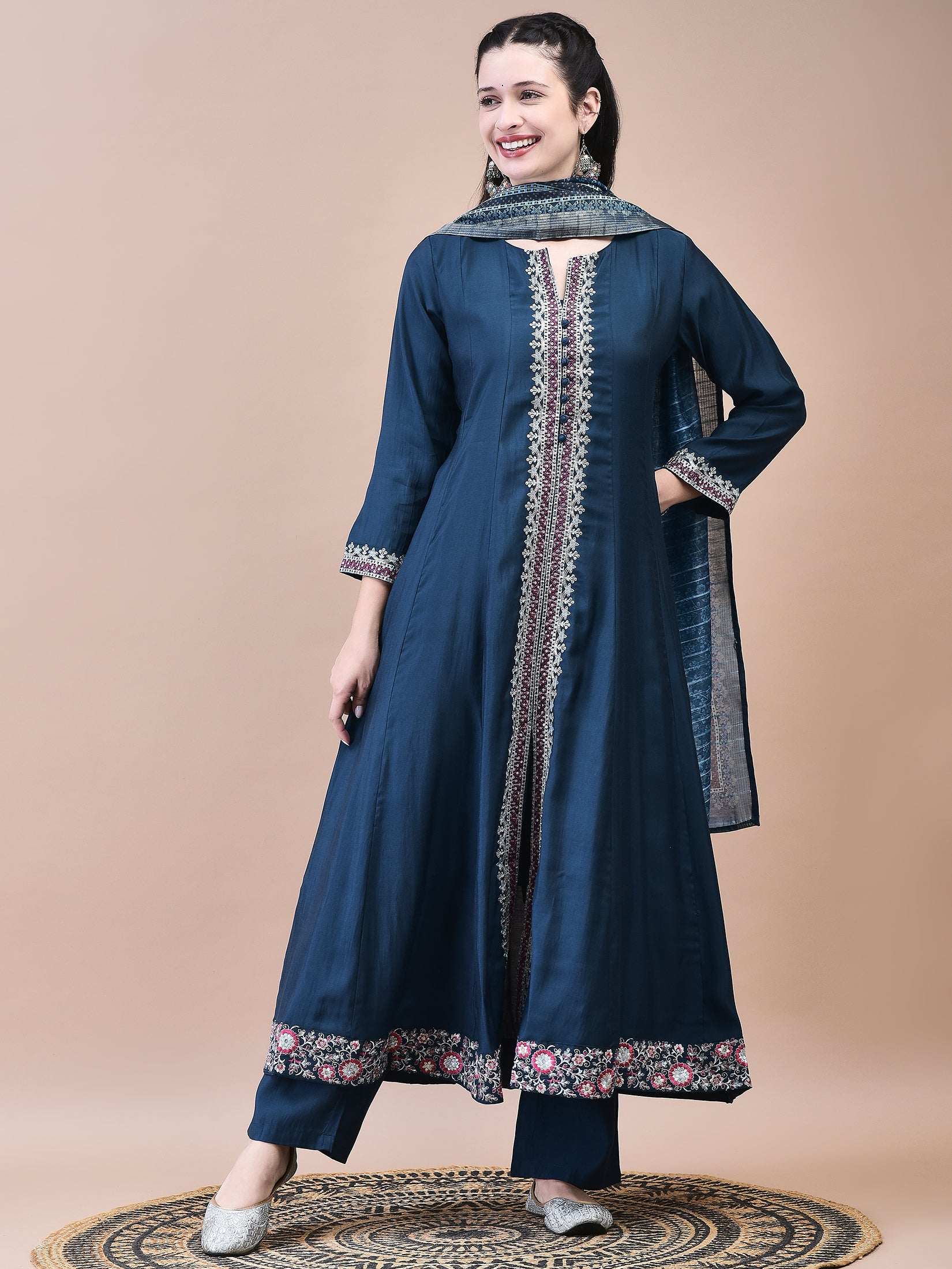 Women Poly Viscose Blue Embroidered Kurta Comfort Pant Chanderi Dupatta