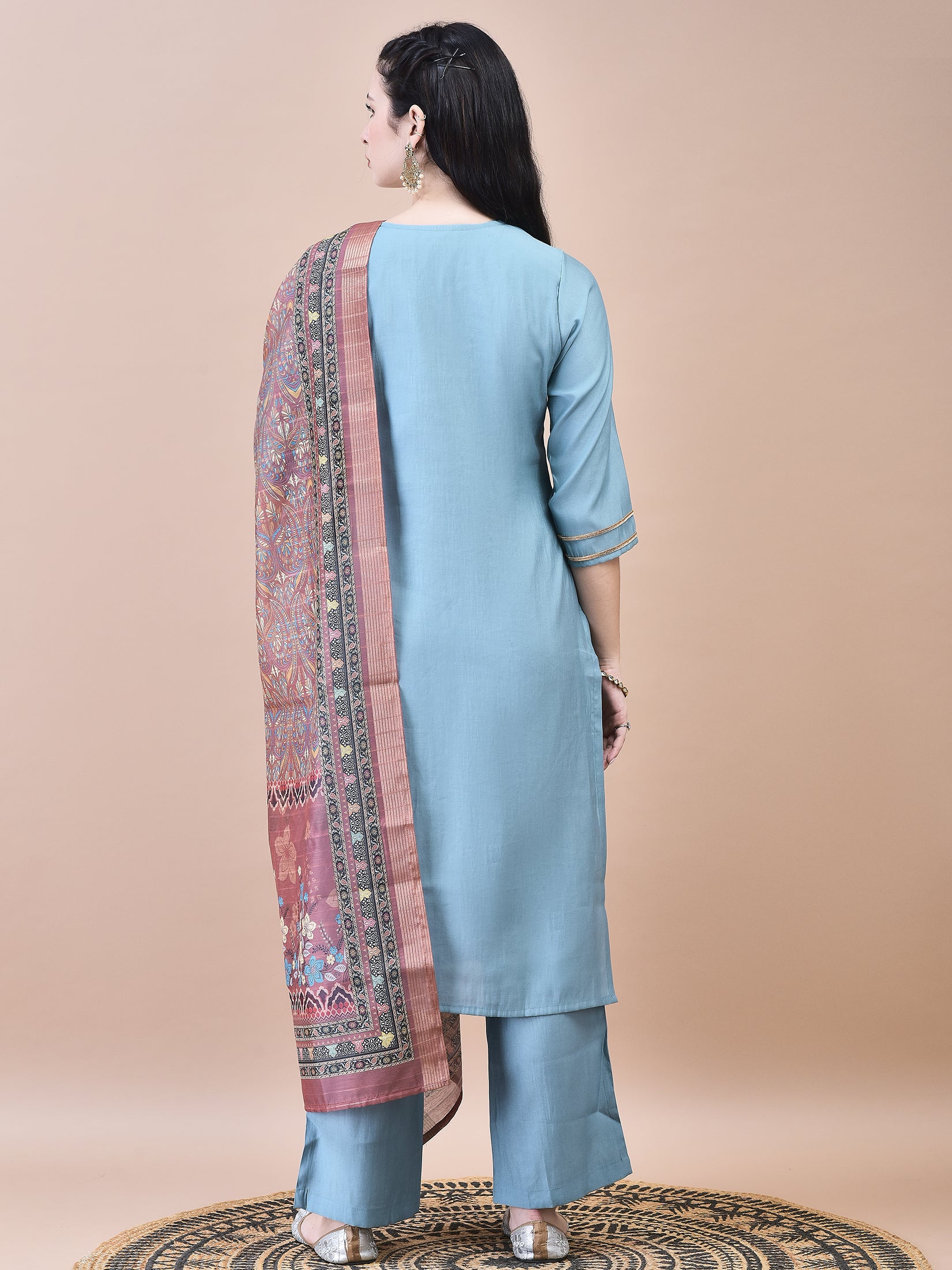 Women Poly Viscose Blue Embroidered Kurta Comfort Pant Chanderi Dupatta