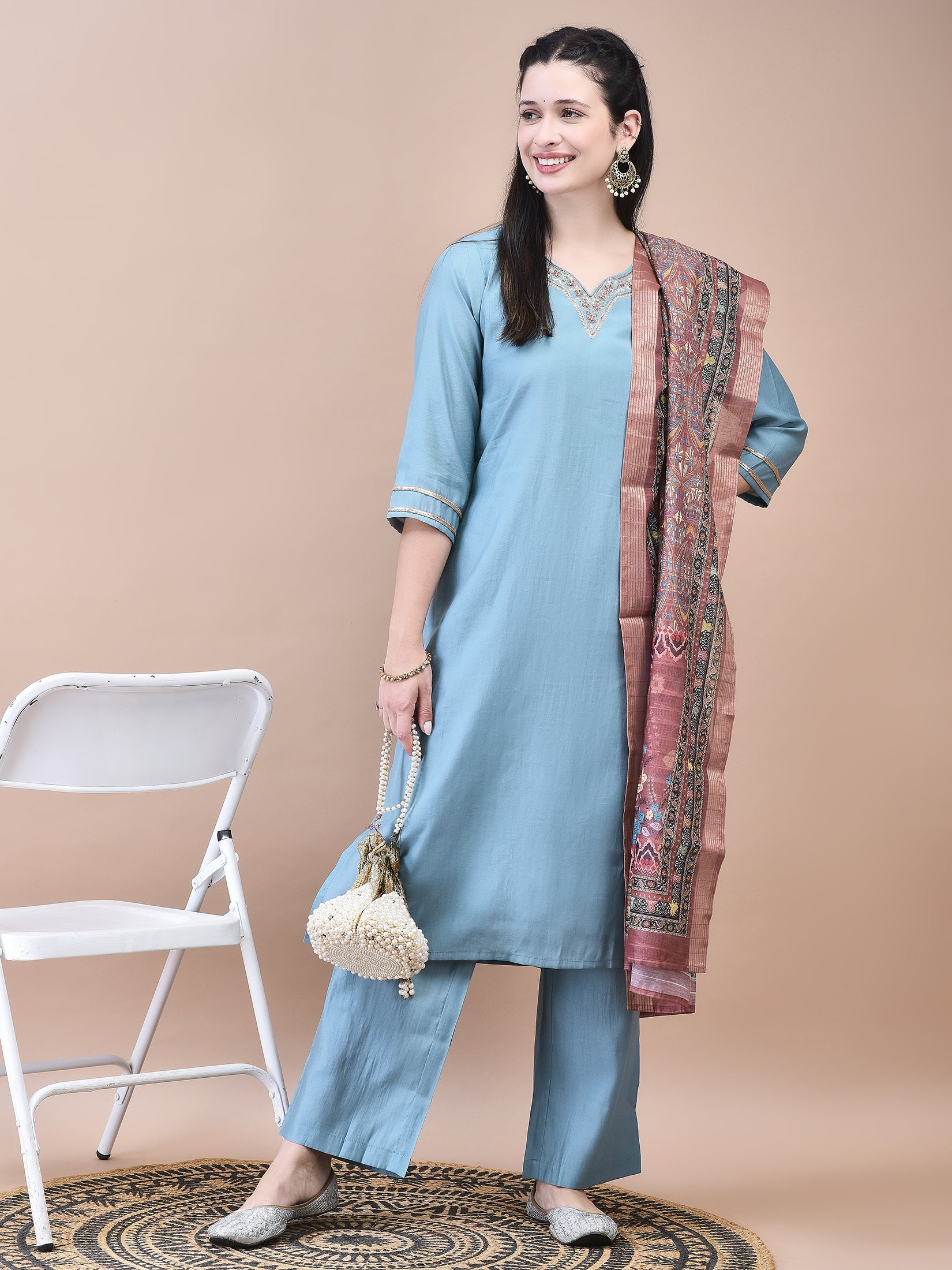 Women Poly Viscose Blue Embroidered Kurta Comfort Pant Chanderi Dupatta