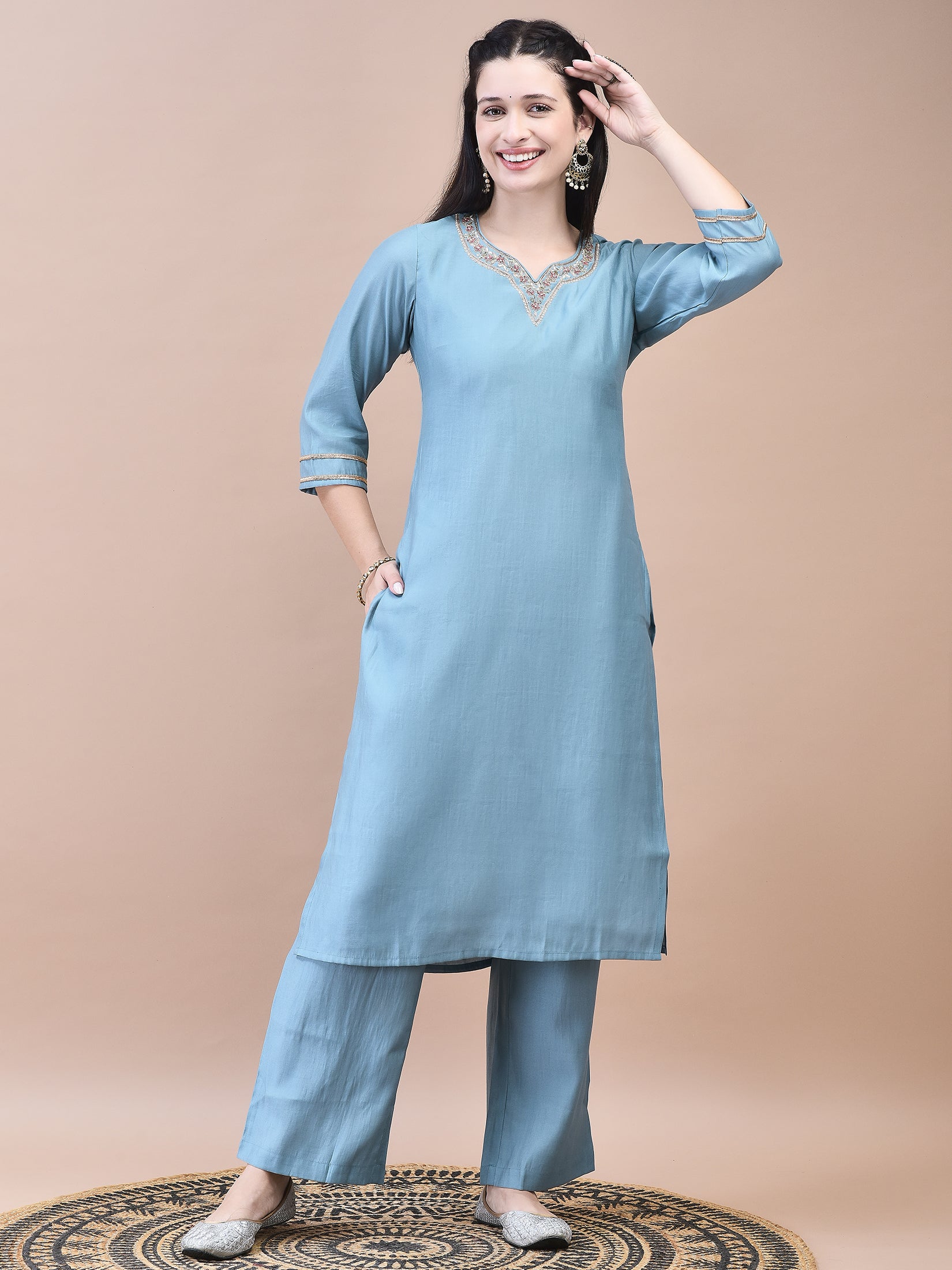 Women Poly Viscose Blue Embroidered Kurta Comfort Pant Chanderi Dupatta