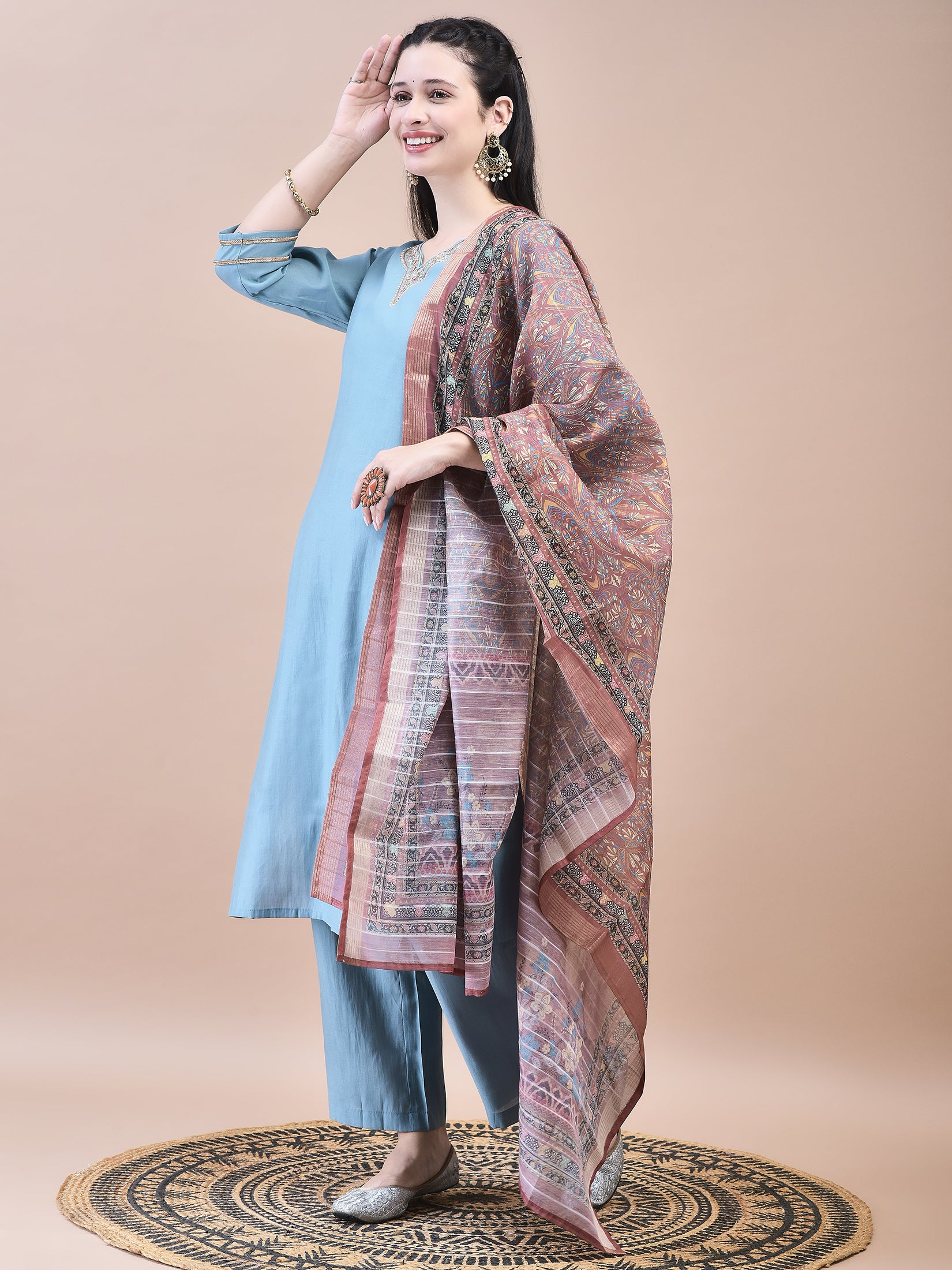 Women Poly Viscose Blue Embroidered Kurta Comfort Pant Chanderi Dupatta