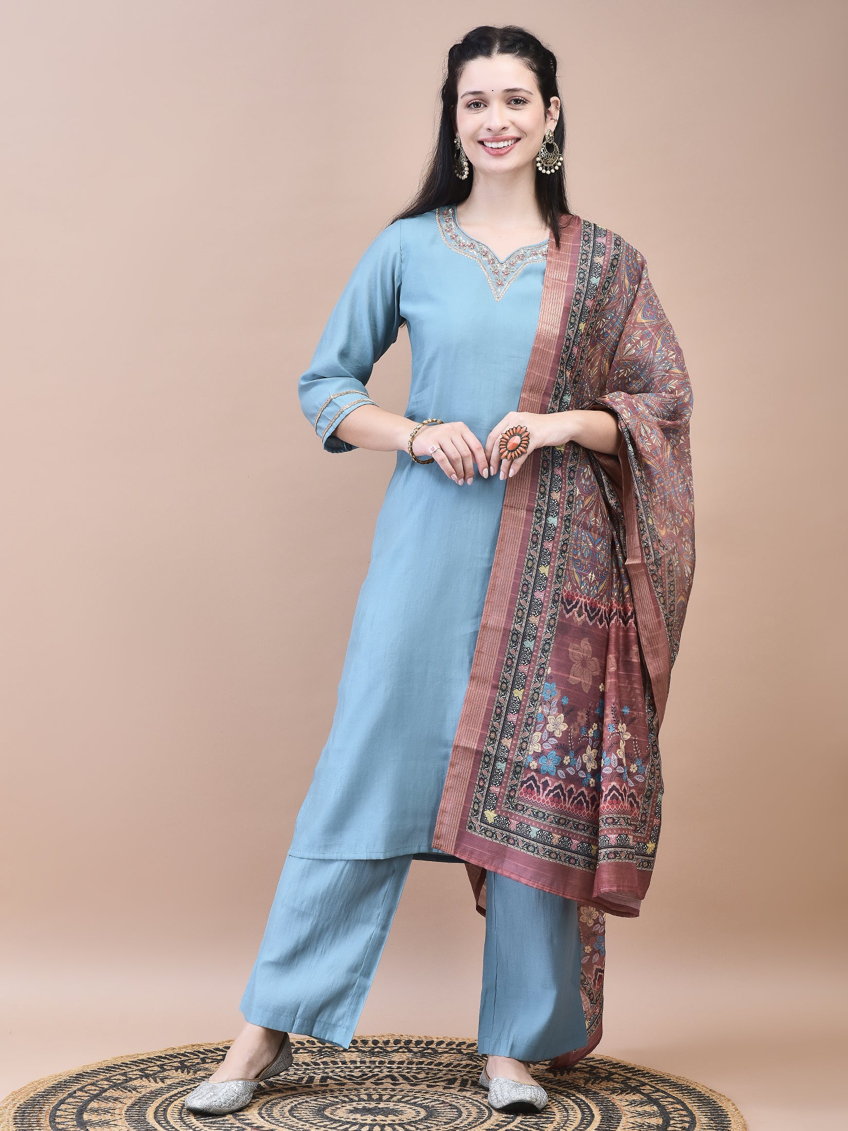 Women Poly Viscose Blue Embroidered Kurta Comfort Pant Chanderi Dupatta