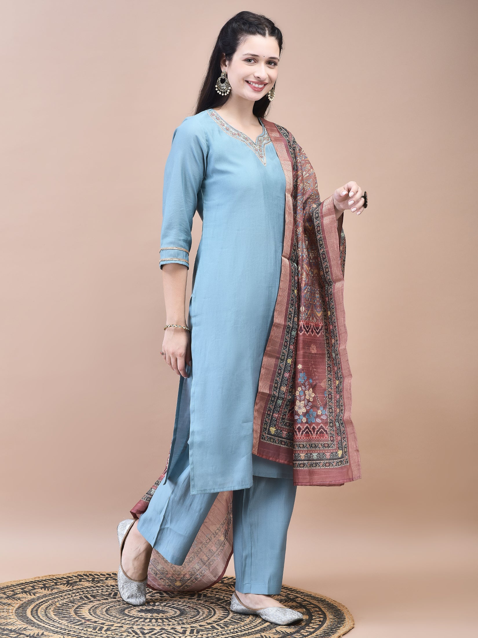 Women Poly Viscose Blue Embroidered Kurta Comfort Pant Chanderi Dupatta