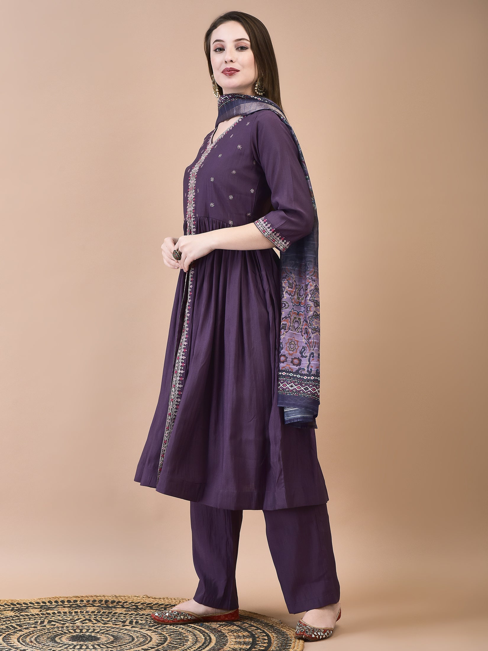 Women Poly Viscose Mauve Embroidered Kurta Comfort Pant Dupatta