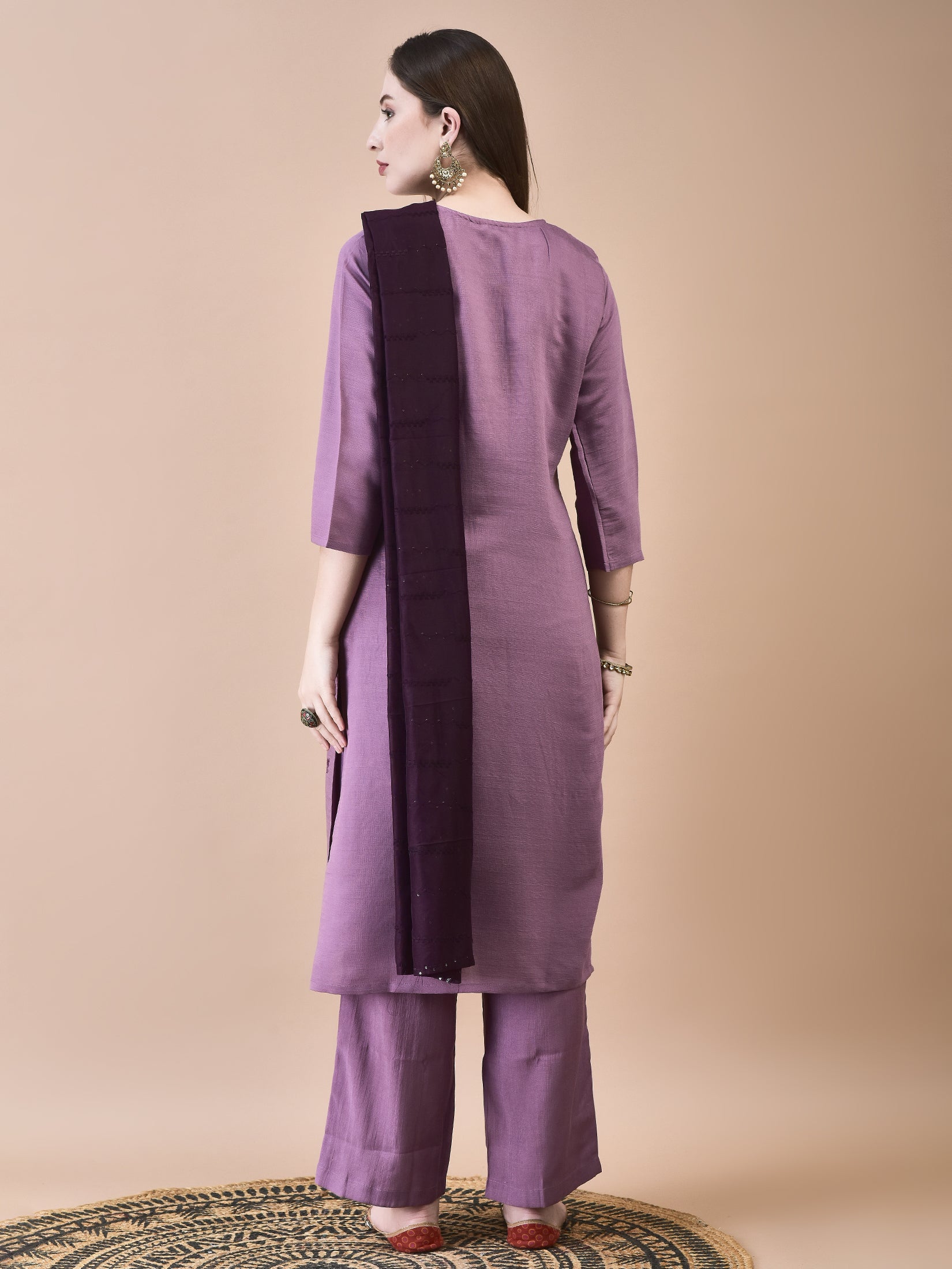 Women Poly Viscose Purple Embroidered Kurta Comfort Pant Chanderi Dupatta