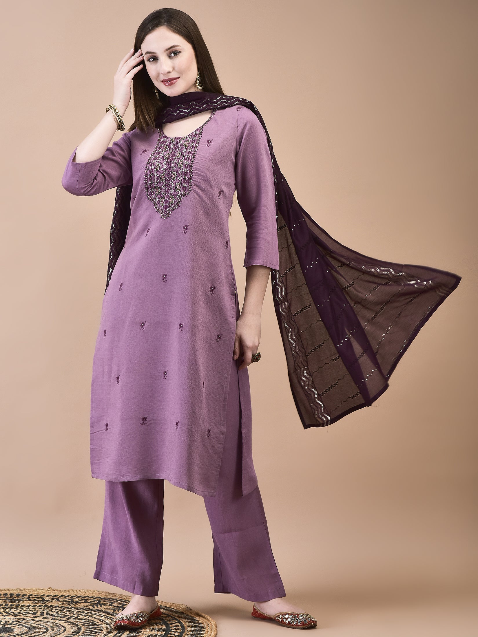 Women Poly Viscose Purple Embroidered Kurta Comfort Pant Chanderi Dupatta