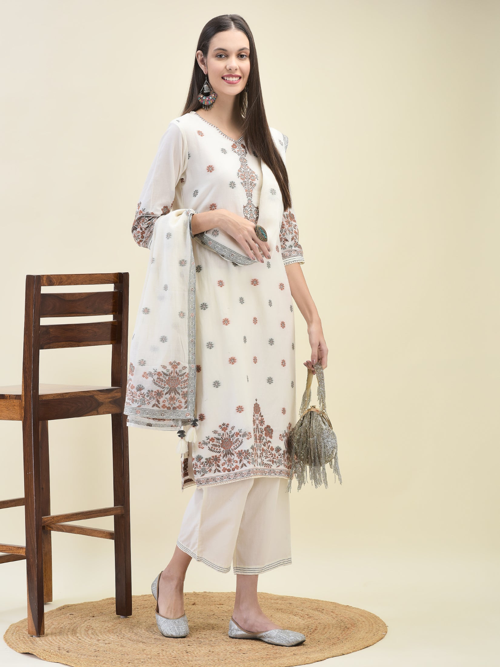 Women Jacquard Off White Solid Kurta Comfort Pant Dupatta