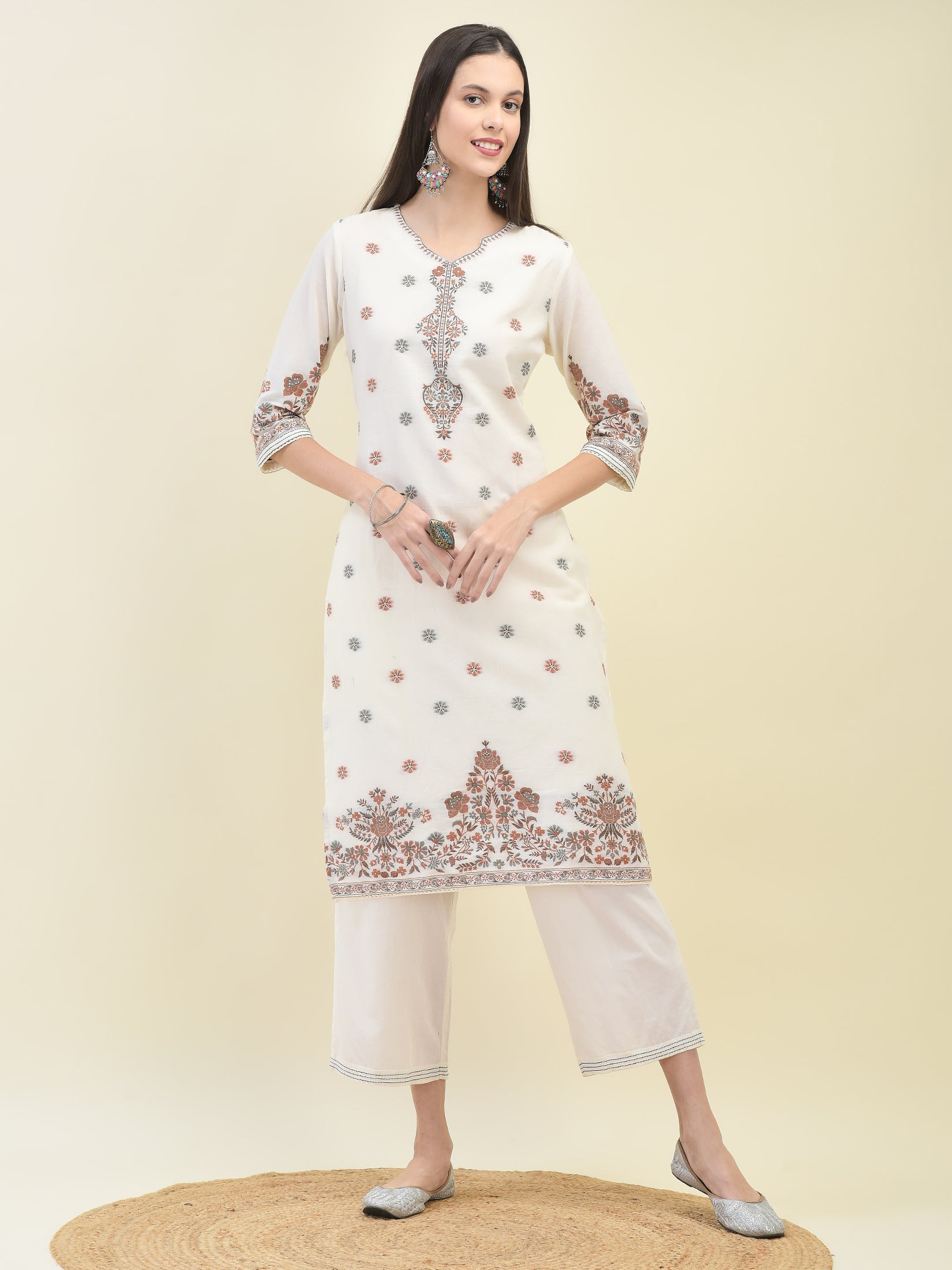 Women Jacquard Off White Solid Kurta Comfort Pant Dupatta