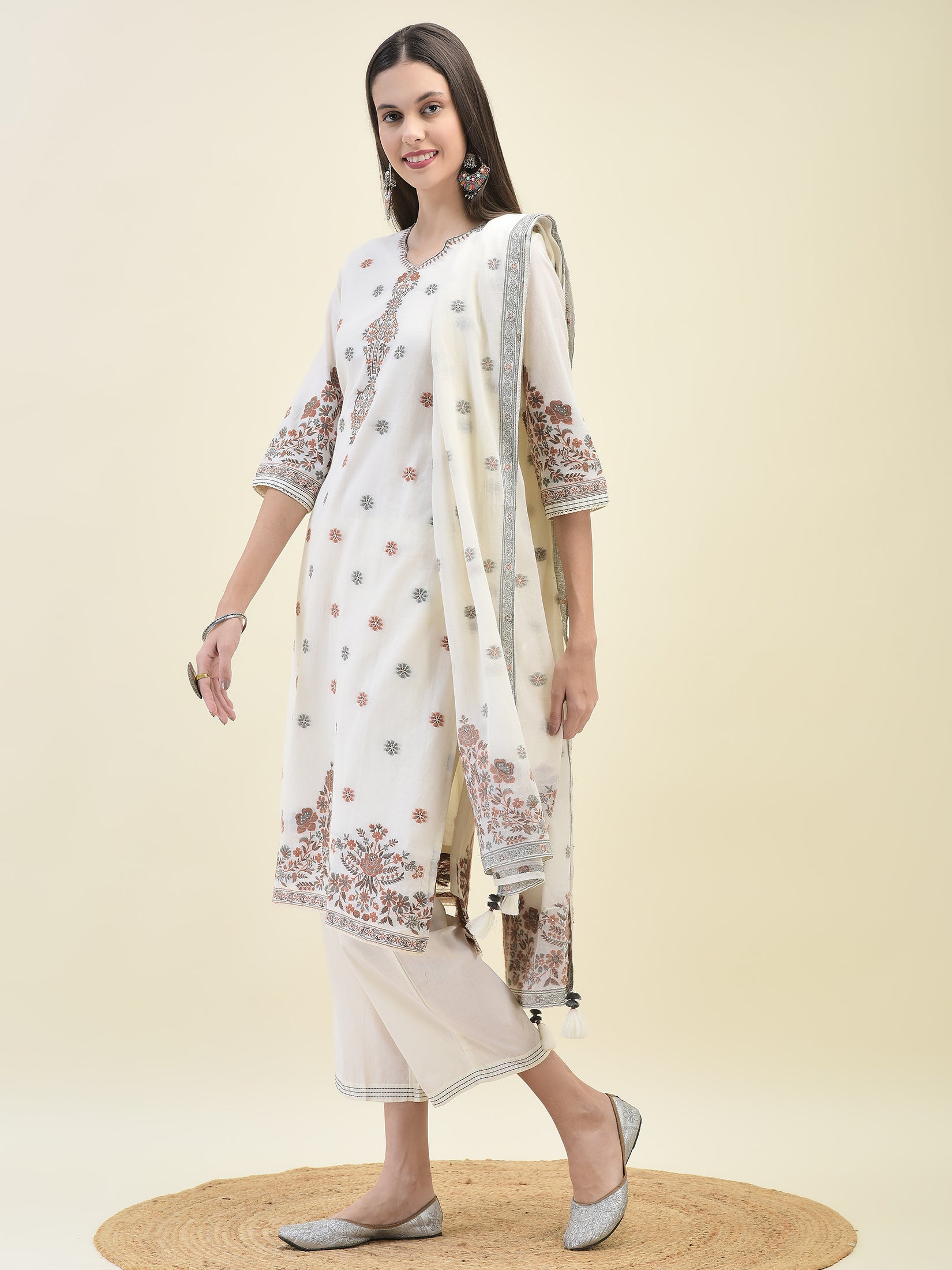 Women Jacquard Off White Solid Kurta Comfort Pant Dupatta