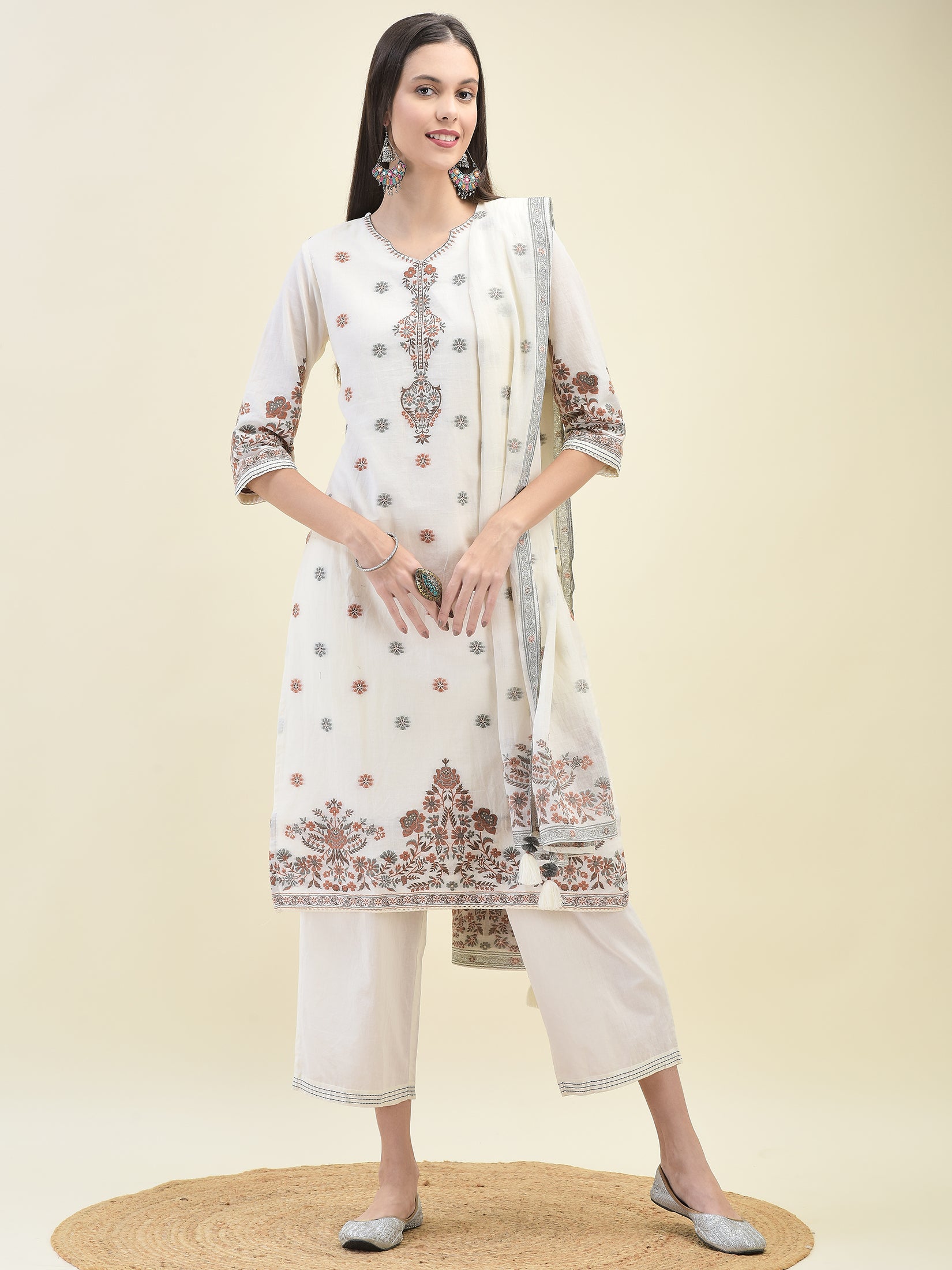 Women Jacquard Off White Solid Kurta Comfort Pant Dupatta