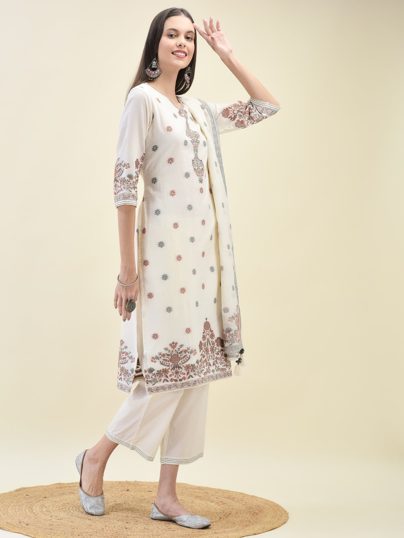 Women Jacquard Off White Solid Kurta Comfort Pant Dupatta