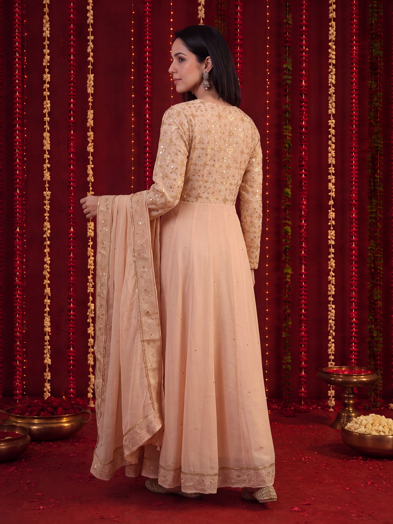Women Georgette Peach Solid Embroidered Anarkali Dress With Dupatta.
