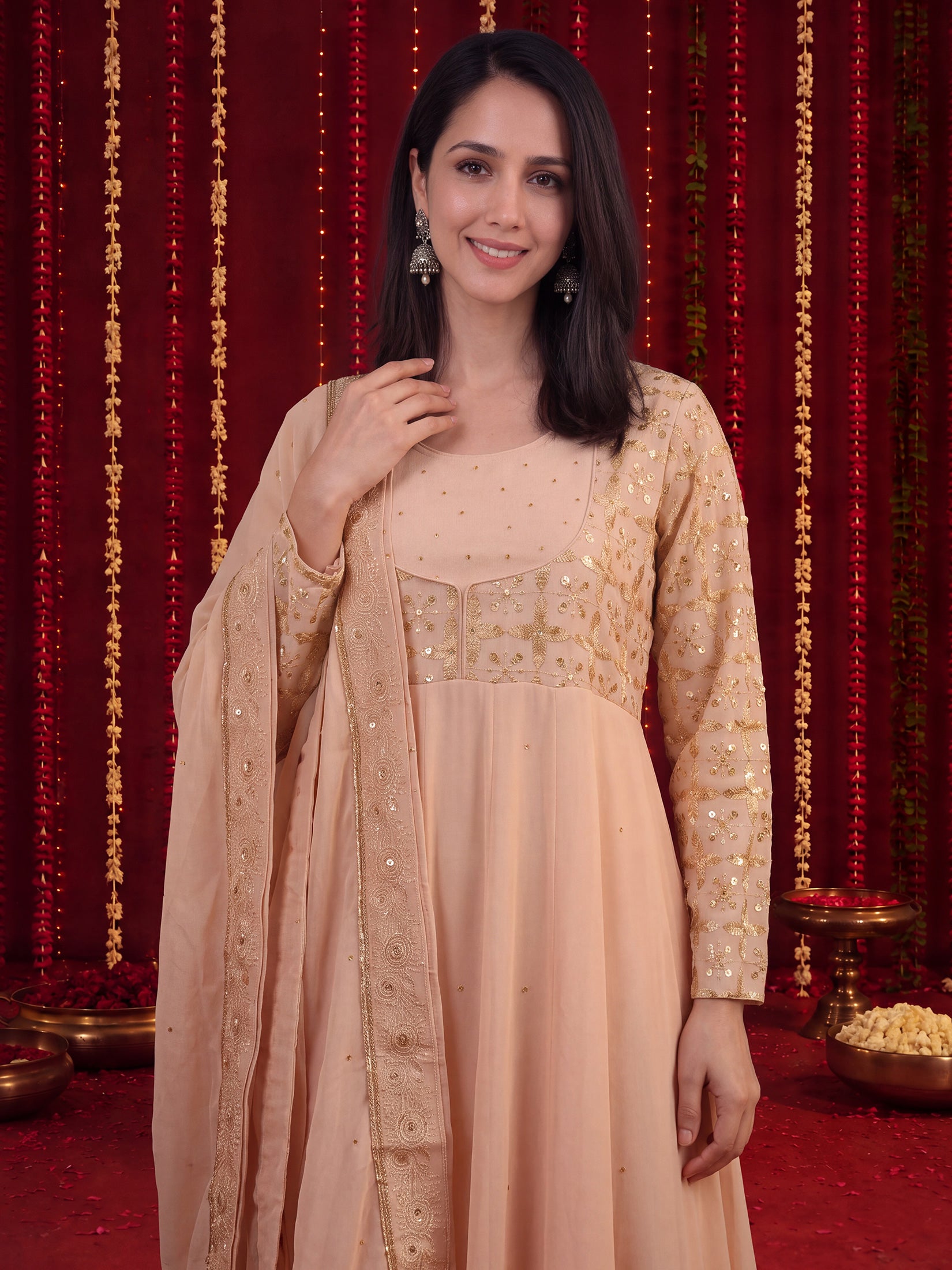 Women Georgette Peach Solid Embroidered Anarkali Dress With Dupatta.