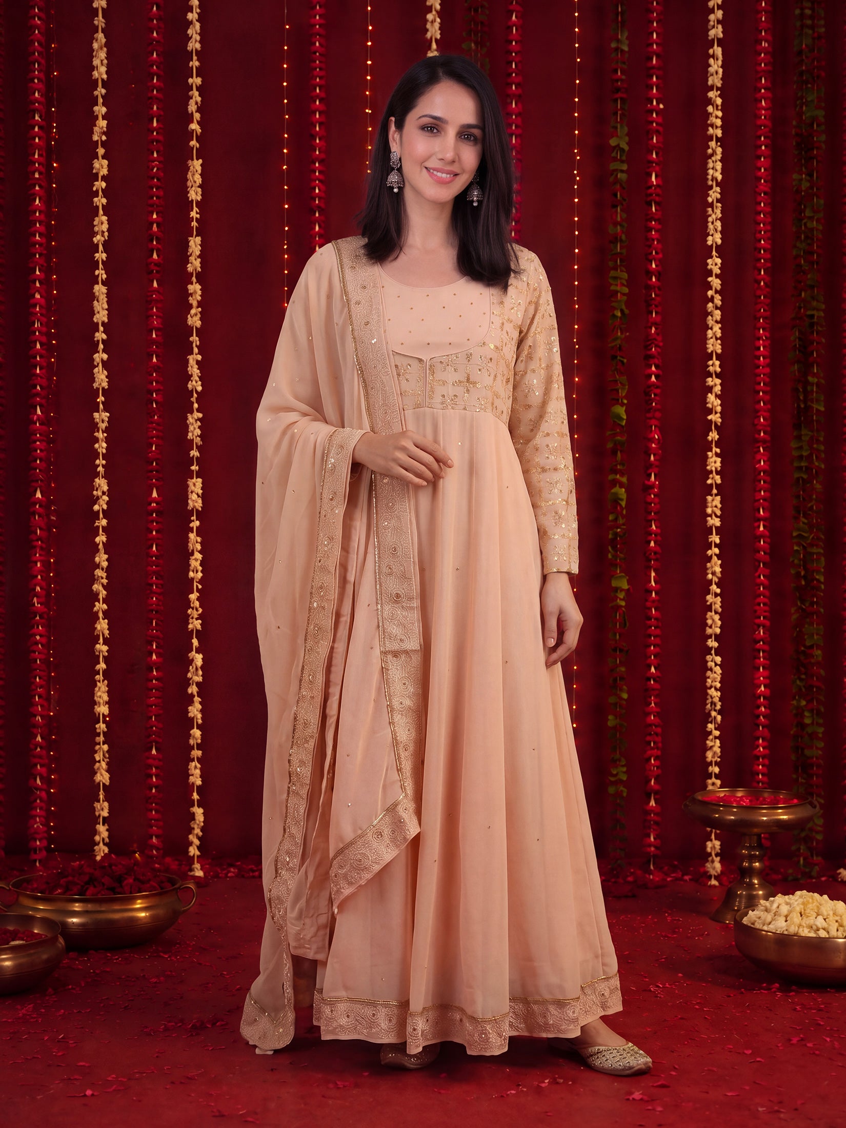 Women Georgette Peach Solid Embroidered Anarkali Dress With Dupatta.