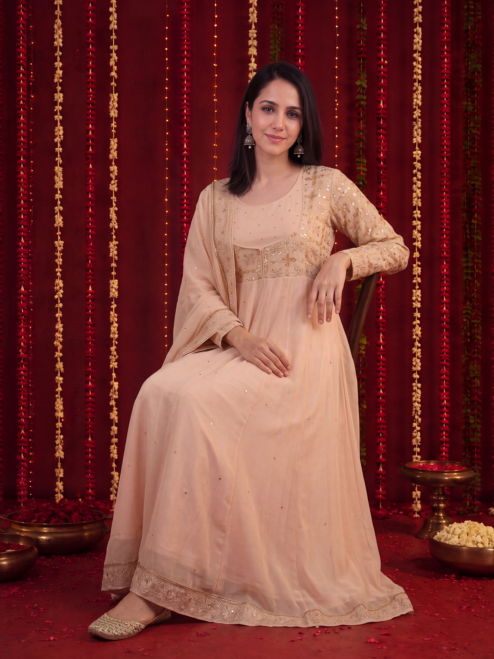 Women Georgette Peach Solid Embroidered Anarkali Dress With Dupatta.