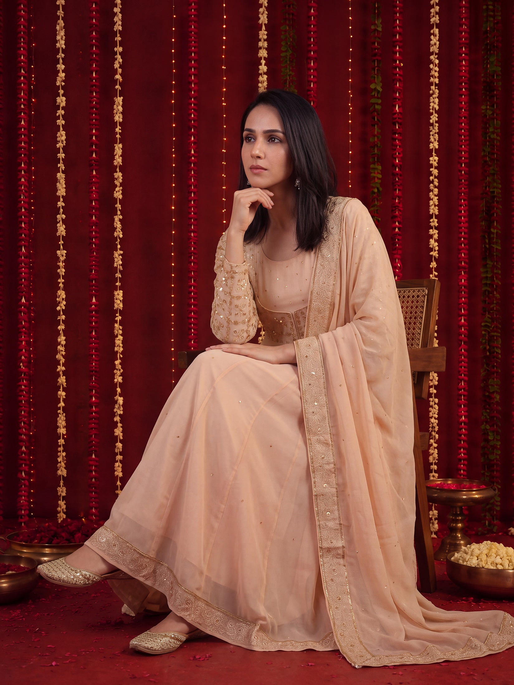 Women Georgette Peach Solid Embroidered Anarkali Dress With Dupatta.