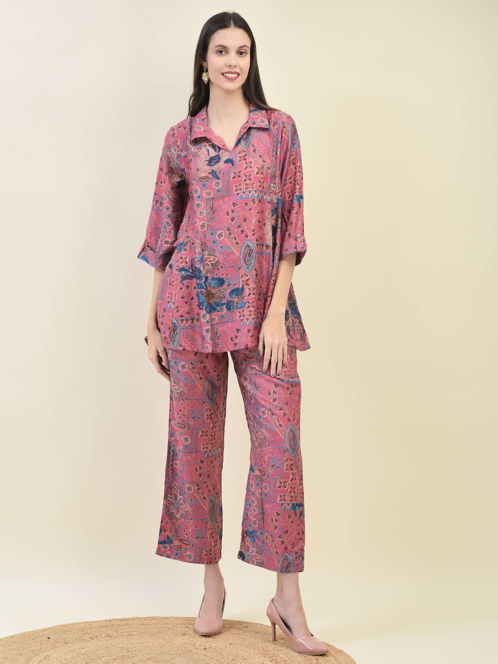 Women Viscose Pink Floral Print Co-Ord Set