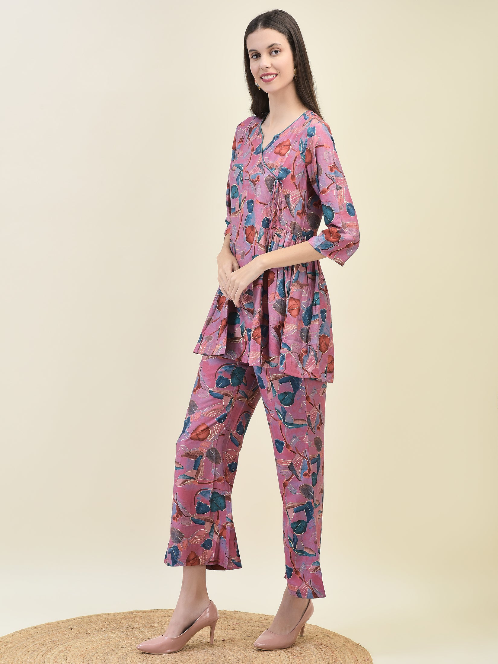 Women Viscose Pink Tropical Print Co-Ord Set