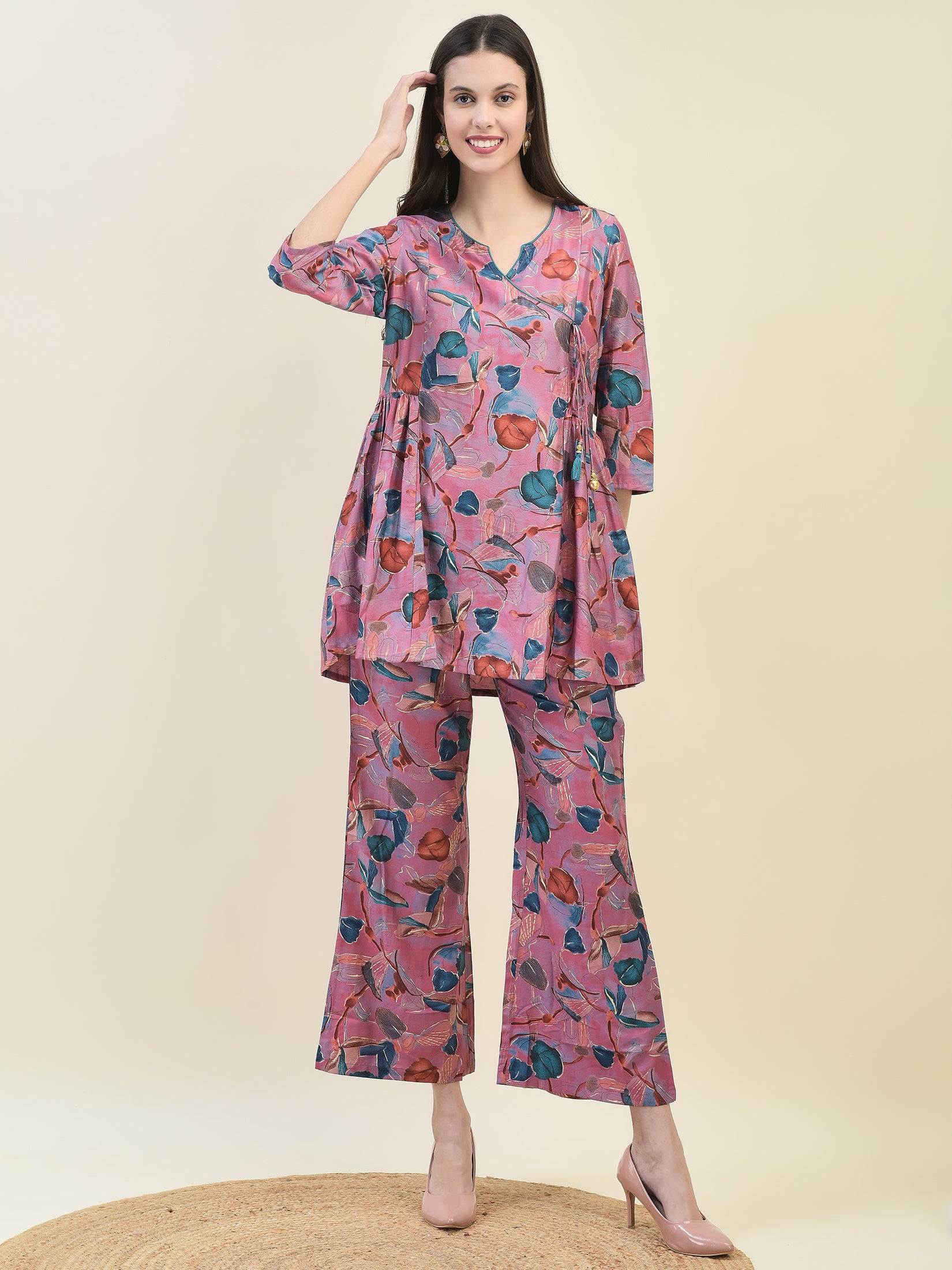 Women Viscose Pink Tropical Print Co-Ord Set