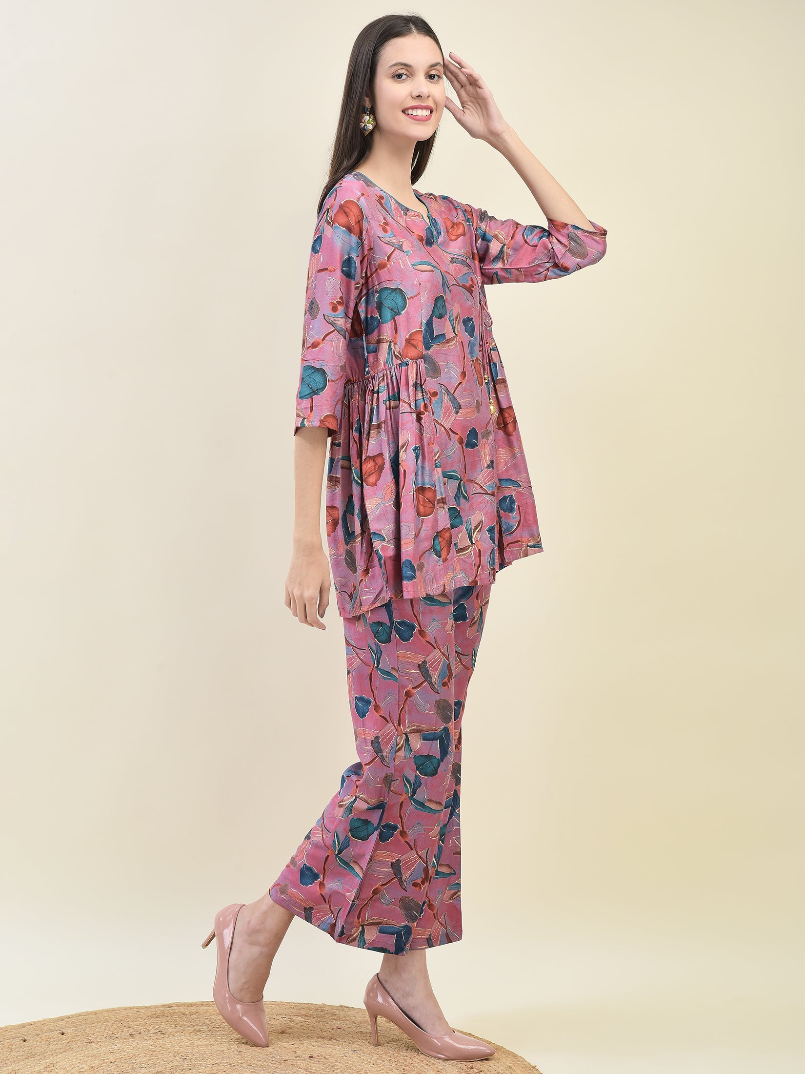 Women Viscose Pink Tropical Print Co-Ord Set