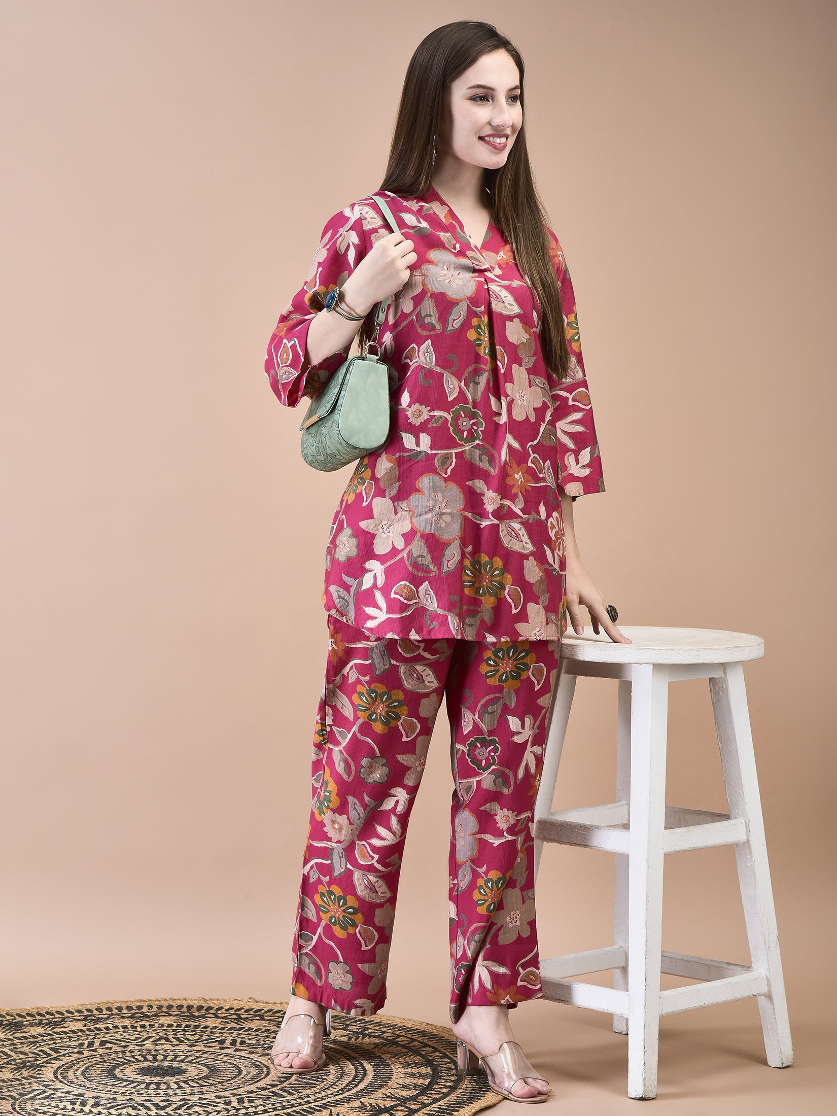 Women Liva Pink Floral Print Co-Ord Set