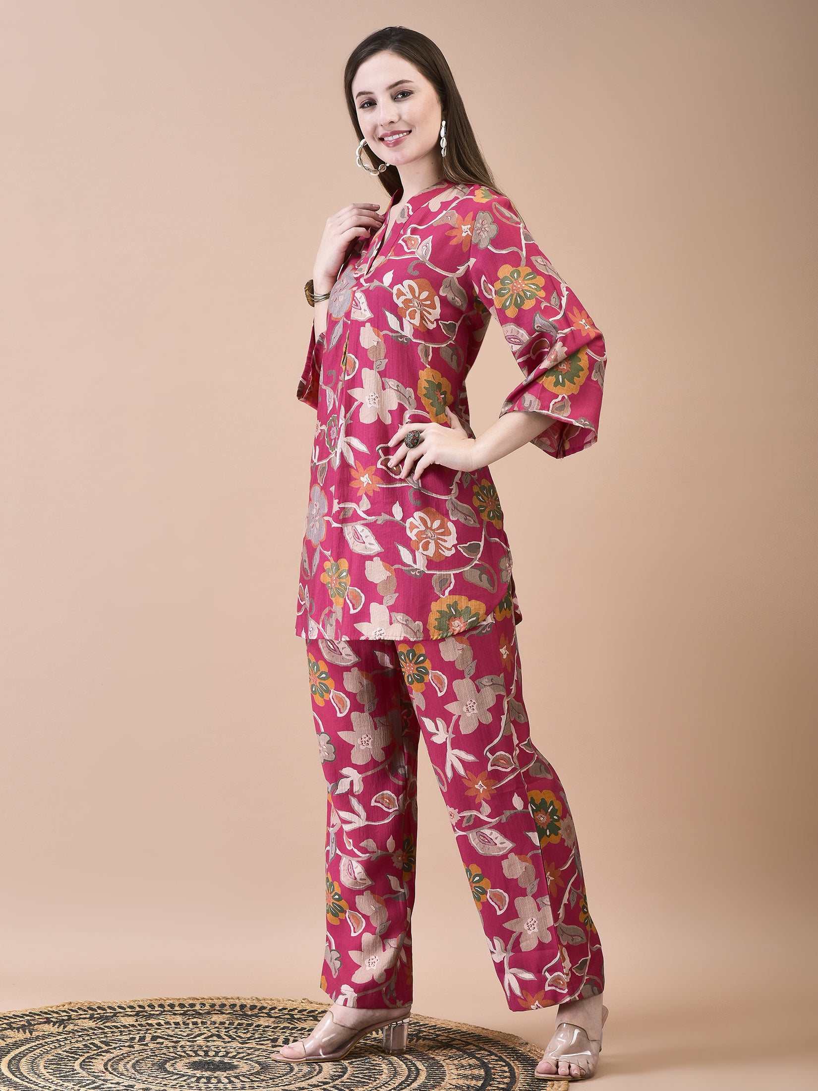 Women Liva Pink Floral Print Co-Ord Set