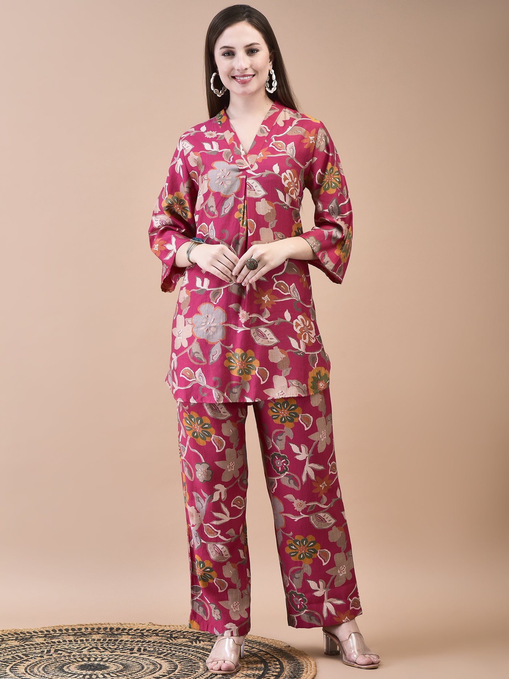 Women Liva Pink Floral Print Co-Ord Set