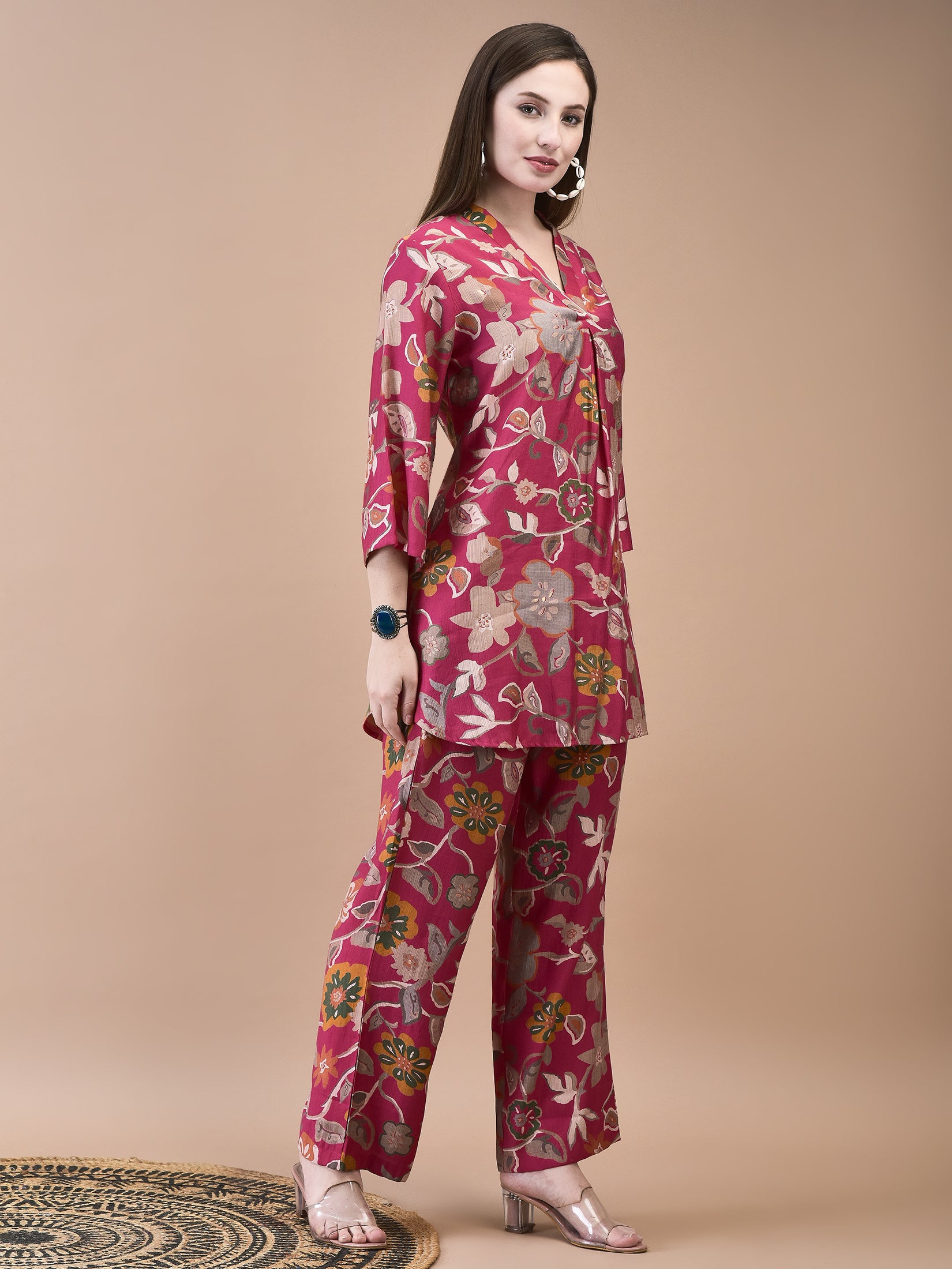 Women Liva Pink Floral Print Co-Ord Set