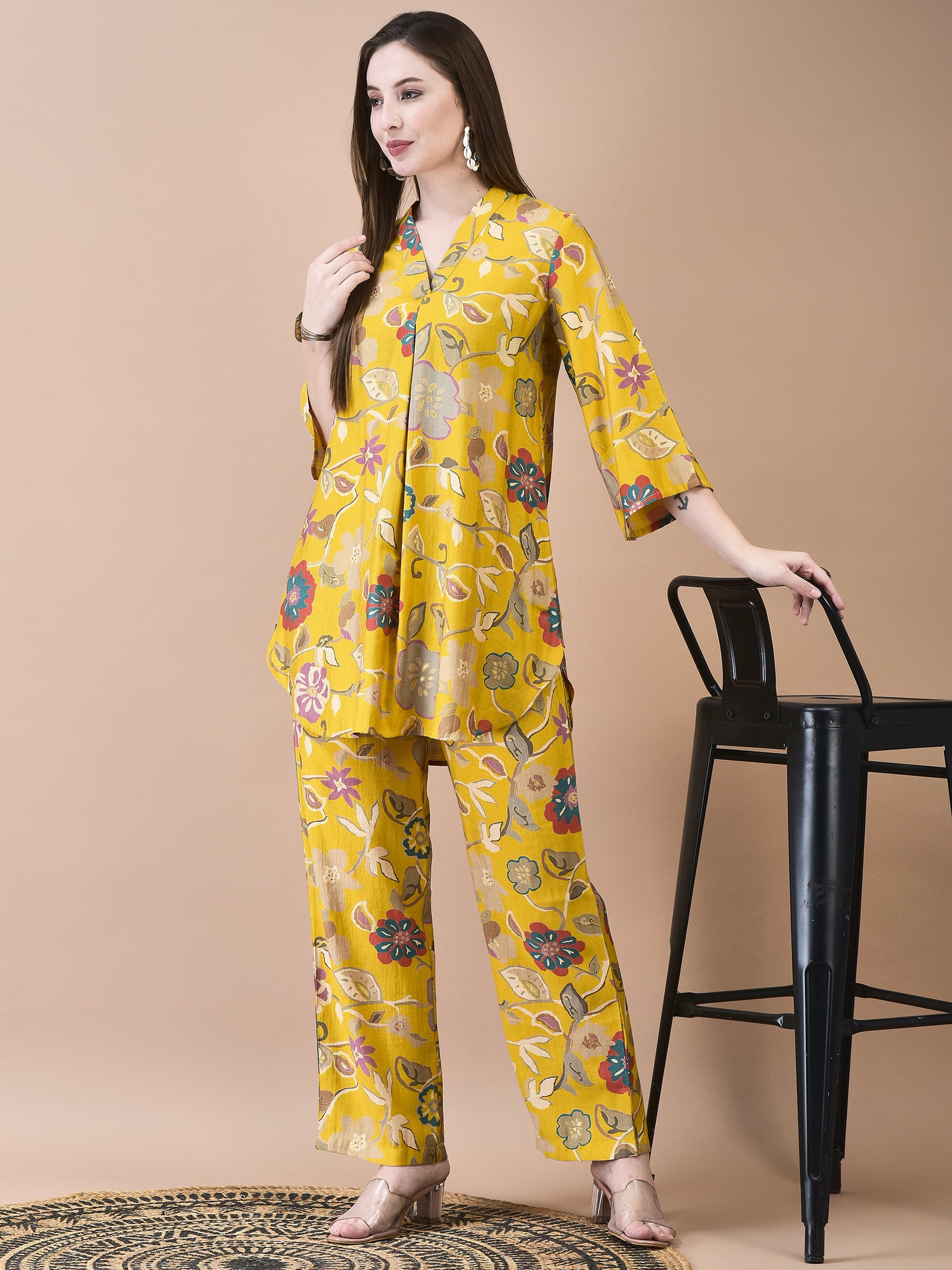 Women Liva Yellow Floral Print Co-Ord Set